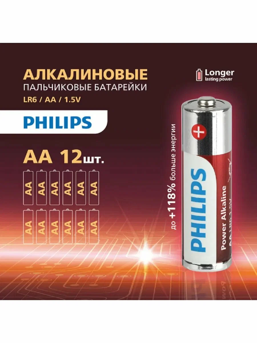 Батарейка, аккумулятор и зарядное устройство для него Philips Power Alkaline, щелочная, 12+12 AA, в пленке (LR6P24FV/97)