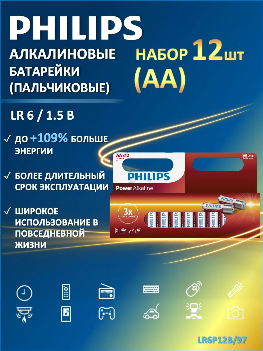 Батарейка, аккумулятор и зарядное устройство для него Philips Power Alkaline, щелочная, 12+12 ААА, в пленке (LR03P24FV/97)