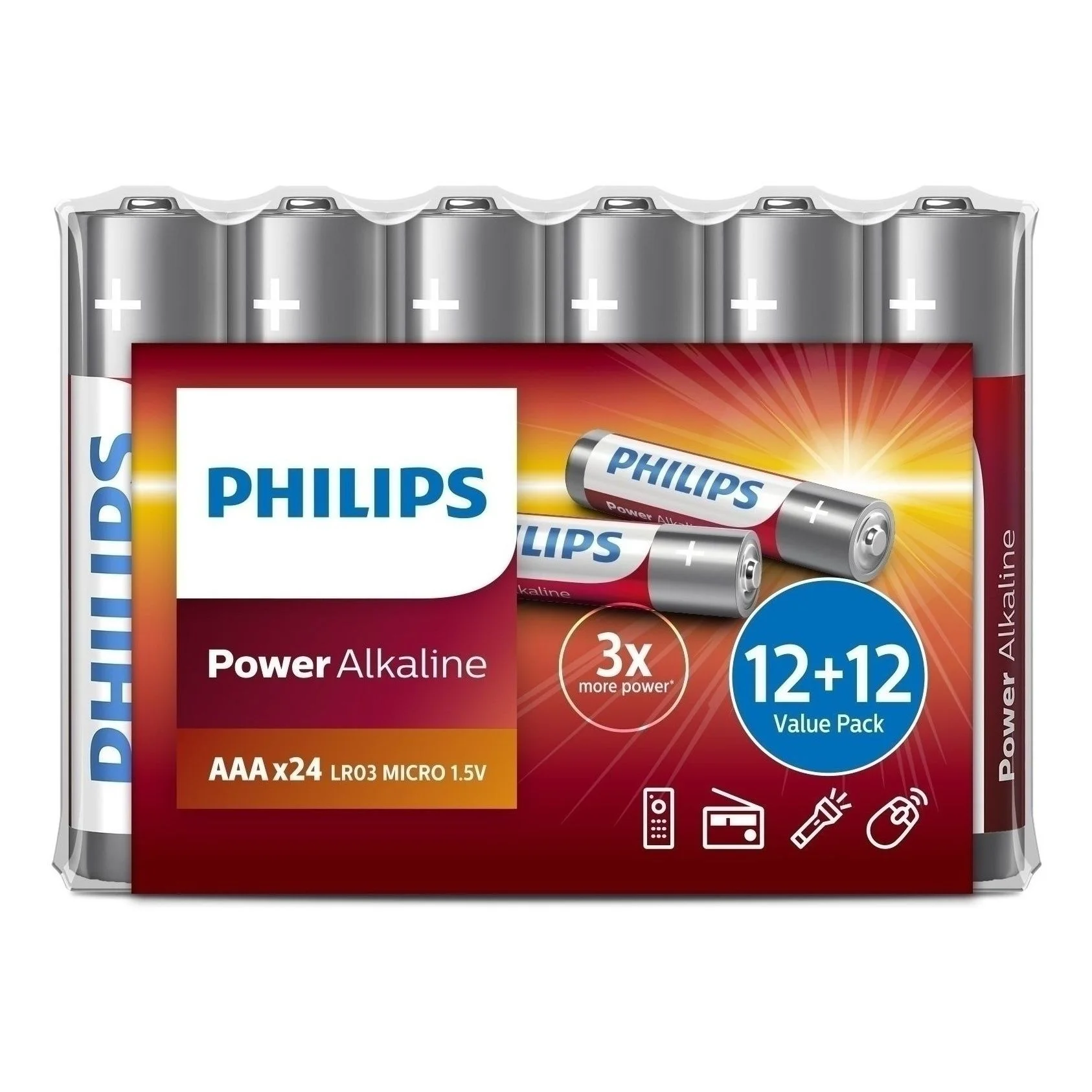 Батарейка, аккумулятор и зарядное устройство для него Philips Power Alkaline, щелочная, 12+12 ААА, в пленке (LR03P24FV/97)