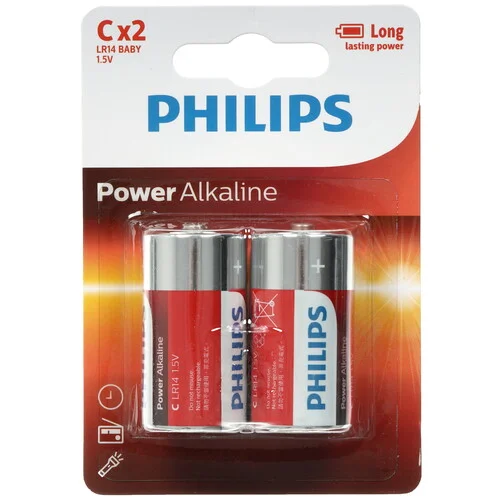 Батарейка, аккумулятор и зарядное устройство для него Philips Power Alkaline, щелочная, 2 C, в блистере (LR14P2B/97)