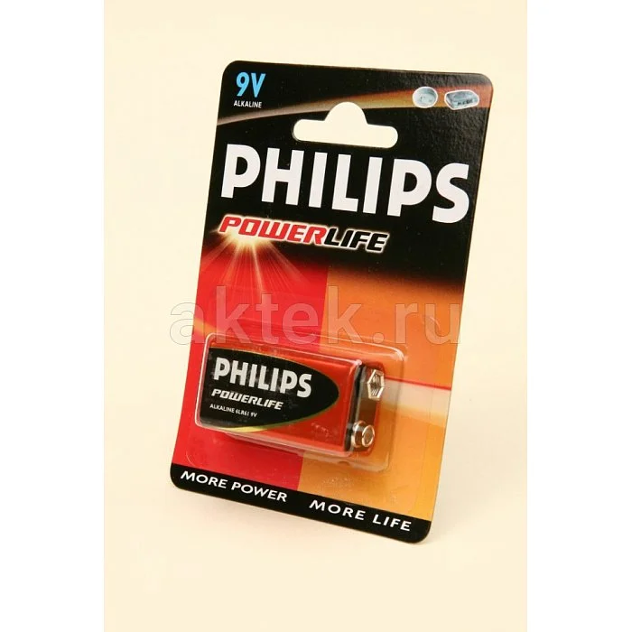 Батарейка, аккумулятор и зарядное устройство для него Philips Power Alkaline, щелочная, 9V, в блистере (6LR61P1B/97)