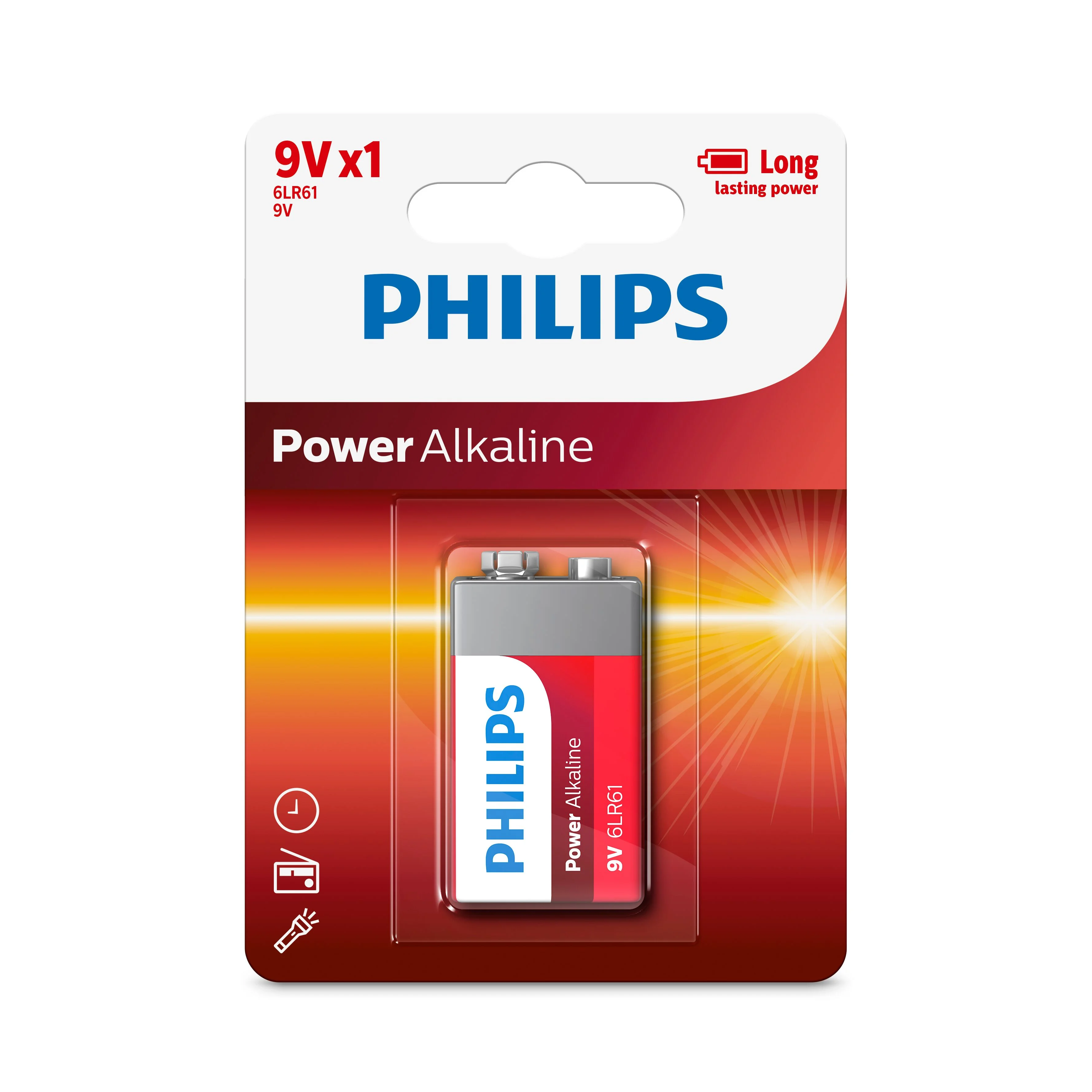 Батарейка, аккумулятор и зарядное устройство для него Philips Power Alkaline, щелочная, 9V, в блистере (6LR61P1B/97)