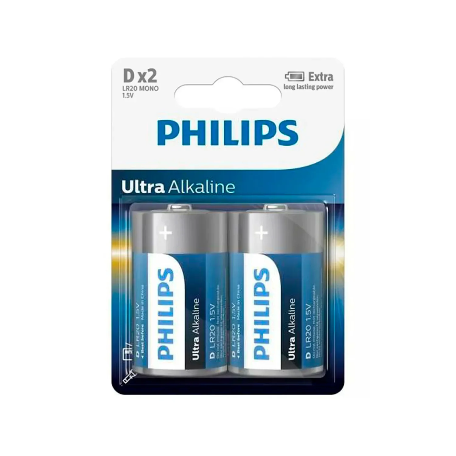 Батарейка, аккумулятор и зарядное устройство для него Philips Ultra Alkaline, щелочная, 2D, в блистере (LR20E2B/97)