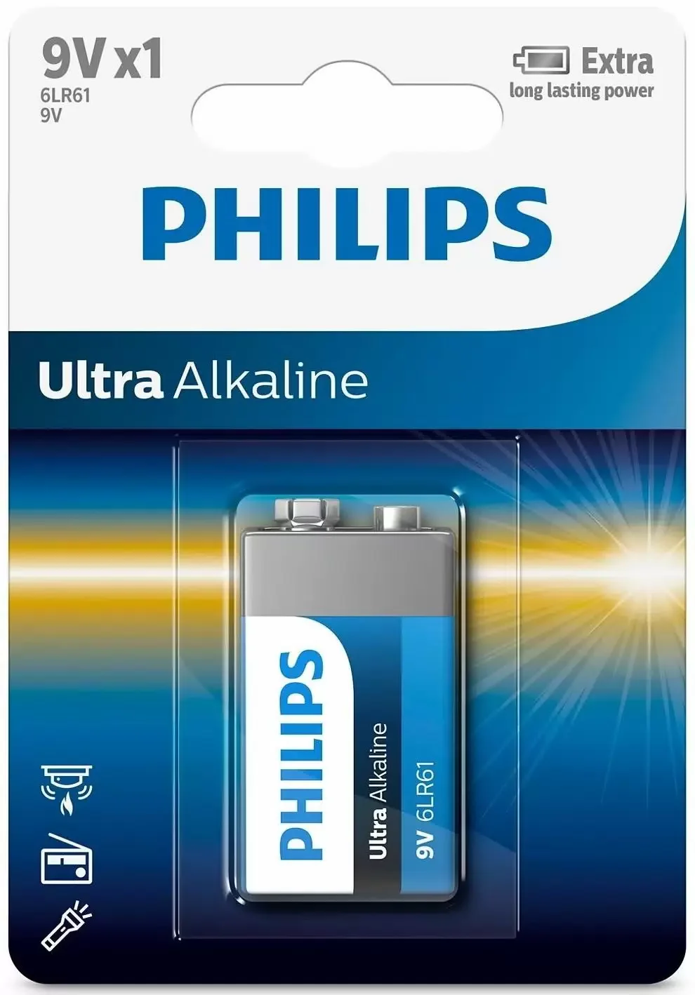 Батарейка, аккумулятор и зарядное устройство для него Philips Ultra Alkaline, щелочная, 9 V, в блистере (6LR61E1B/97)