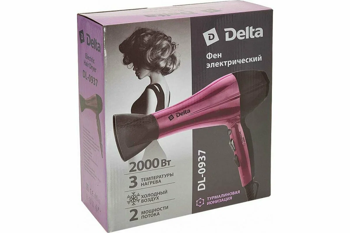 Фен Delta DL-0937 черный/бордовый, 2000 Вт, ионизация