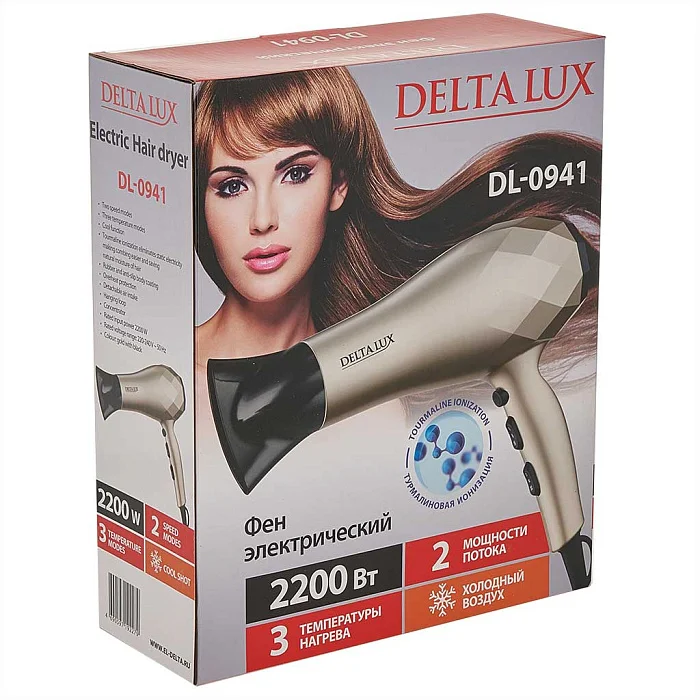 Фен DELTA LUX DL-0941 золотой/черный, 2200 Вт, ионизация