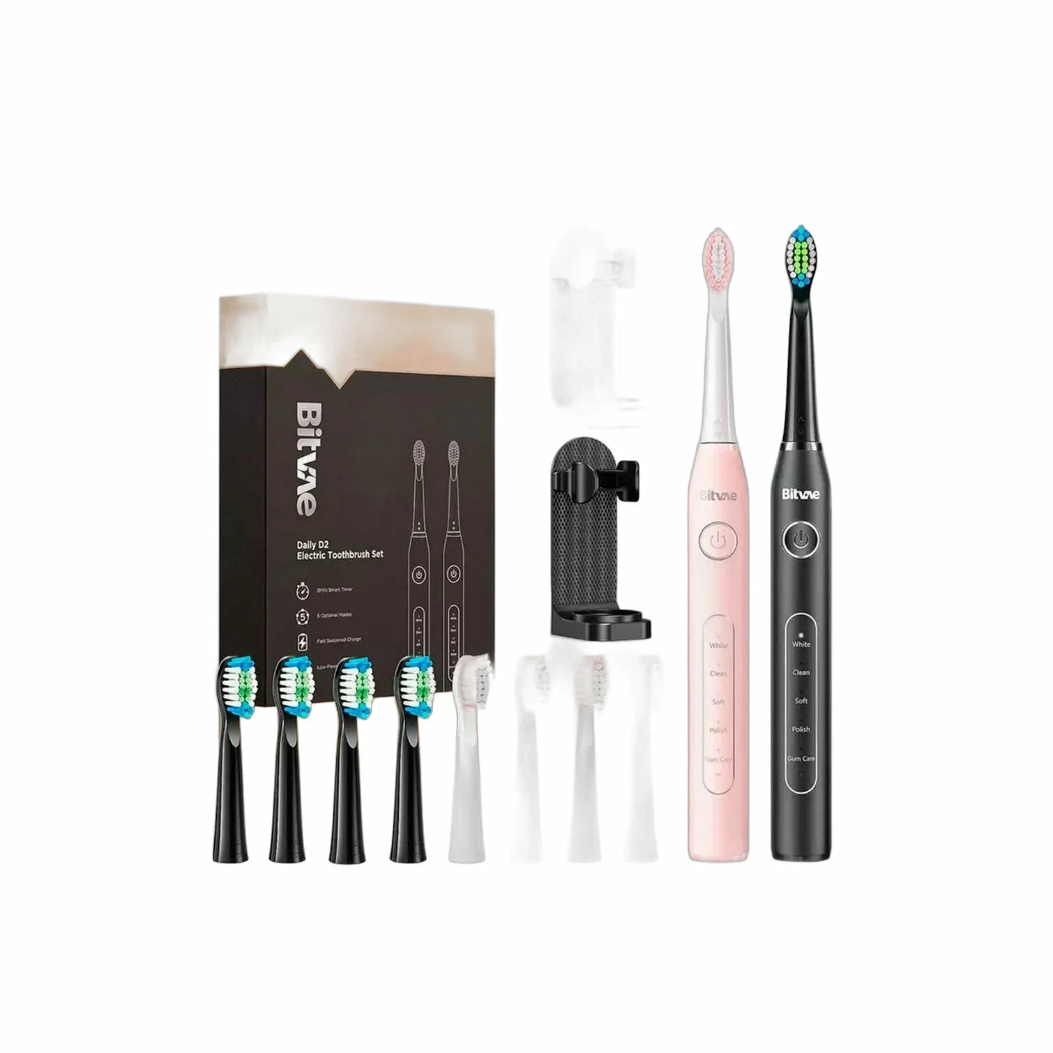 Электрическая зубная щетка Bitvae D2 Daily Toothbrush (2 подставки + 8 насадок + 2 колпачка для насадок) (D2+D2 Bundle B+W) GLOBAL 1x б