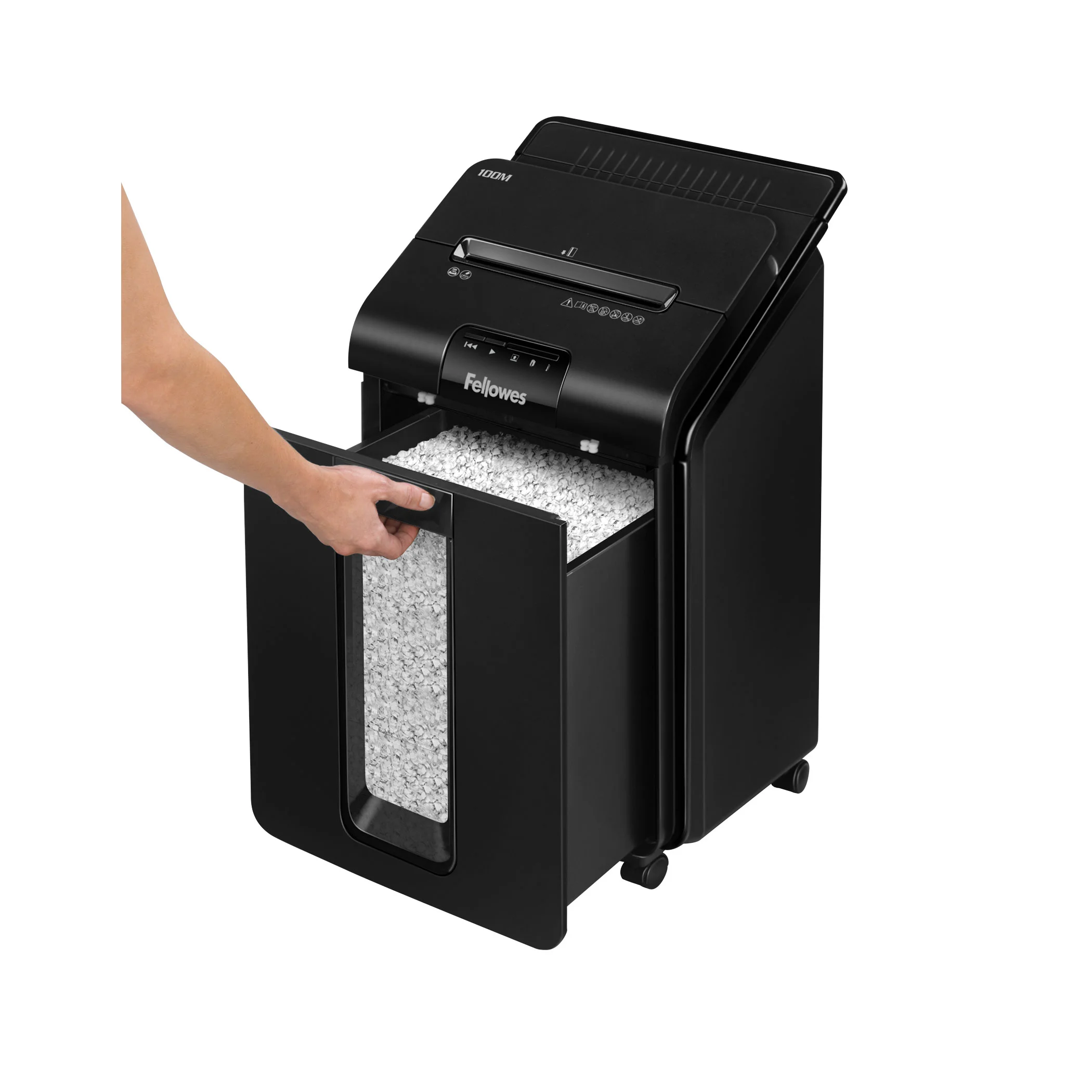Fellowes® Шредер AutoMax® 100M (автоподача 100 листов), минирезка DIN P-4, 4х10 мм, 23 лтр., автореверc.