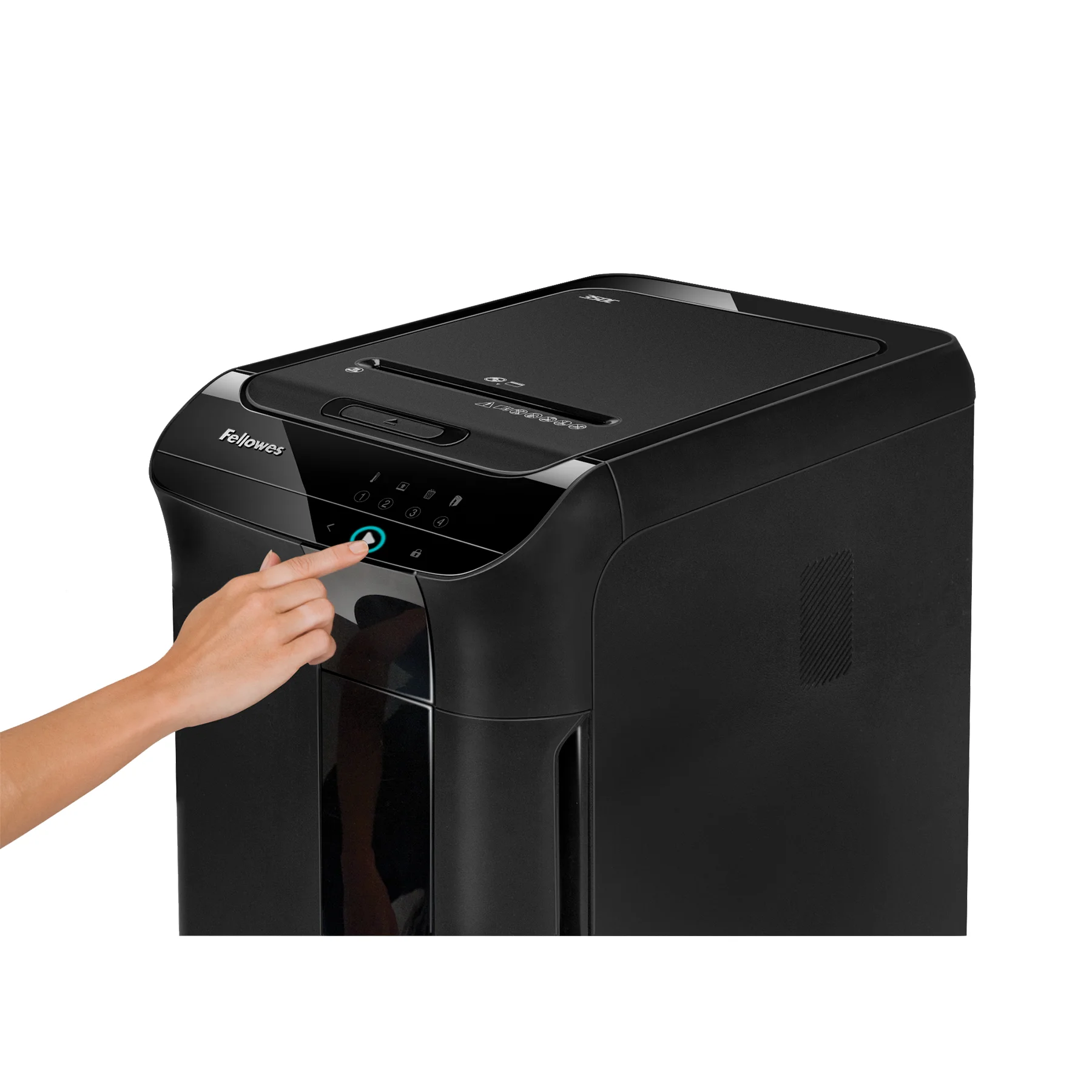 Fellowes® Шредер AutoMax® 450C автоподача, DIN P-4, 4х38мм, 450 лстов., 68 лтр., Smart Lock, скрепки, скобы, карты, CD.