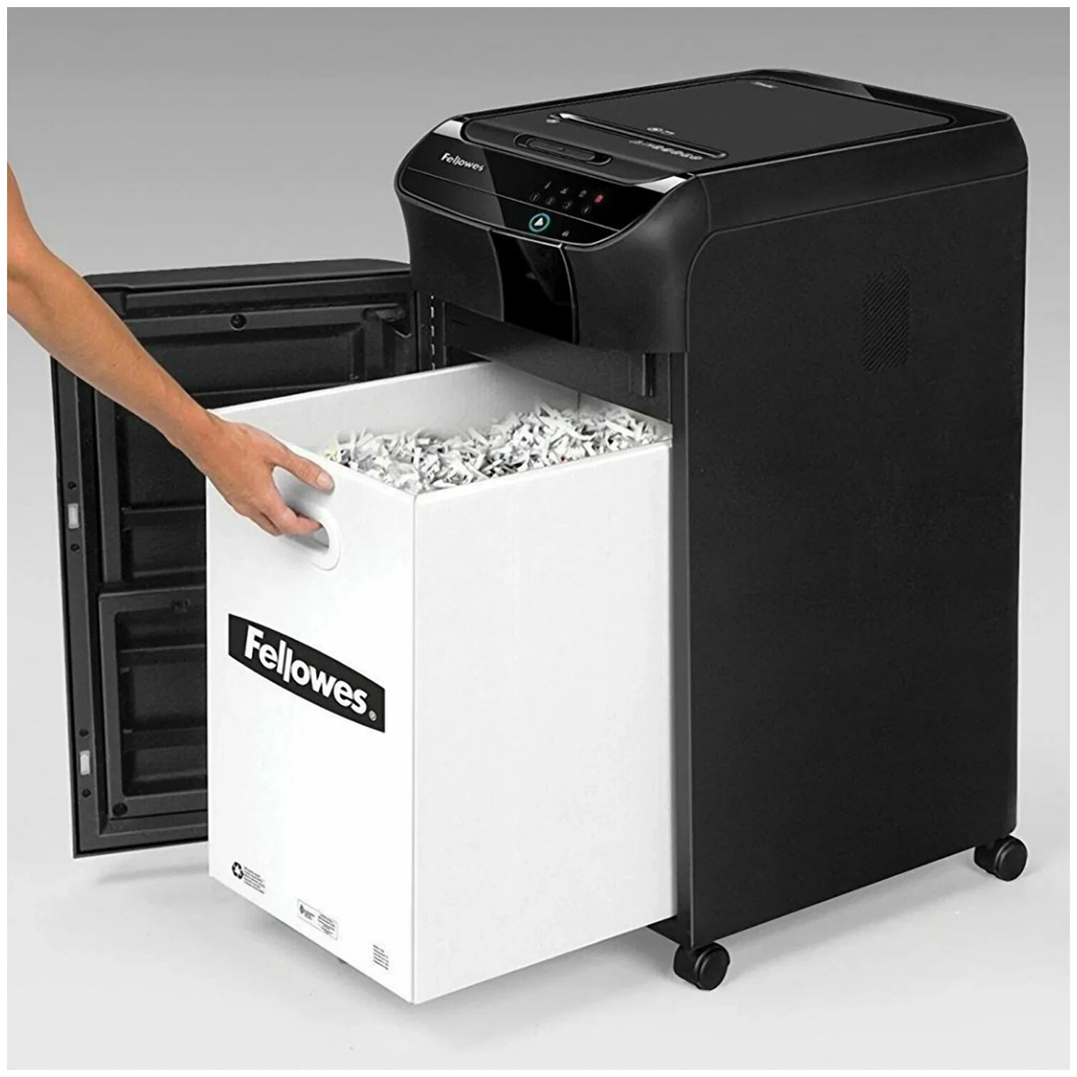 Fellowes® Шредер AutoMax® 450C автоподача, DIN P-4, 4х38мм, 450 лстов., 68 лтр., Smart Lock, скрепки, скобы, карты, CD.