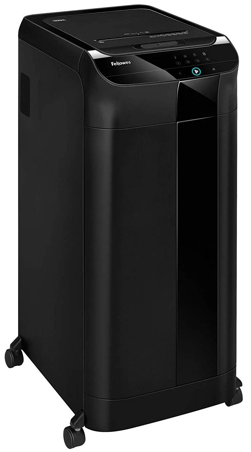 Fellowes® Шредер AutoMax® 450C автоподача, DIN P-4, 4х38мм, 450 лстов., 68 лтр., Smart Lock, скрепки, скобы, карты, CD.