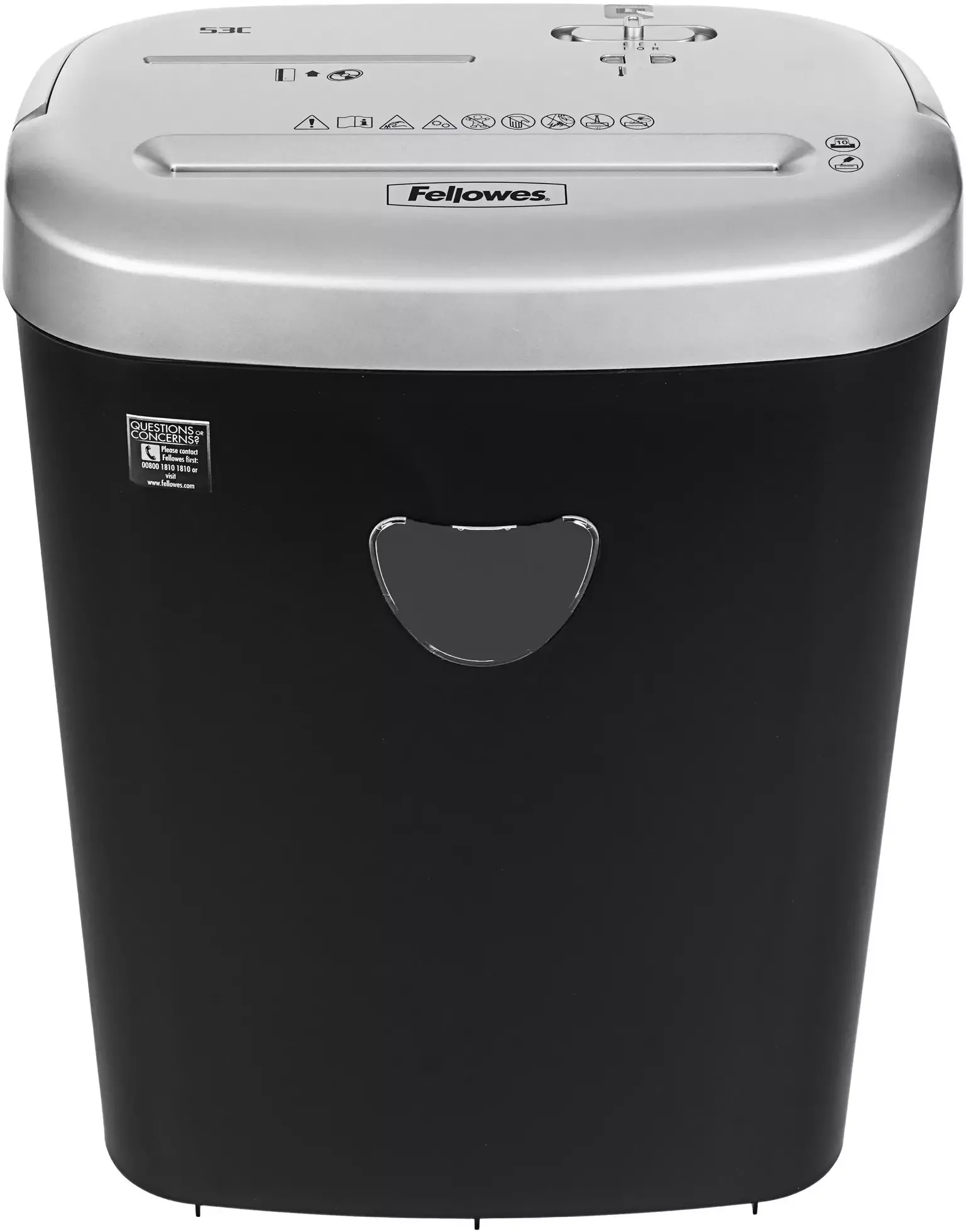 Fellowes® Шредер Powershred 53C, DIN P-4, 4х35мм, 10лст., 23лтр.,уничт.: скобы,скр., пл.карты,CD.