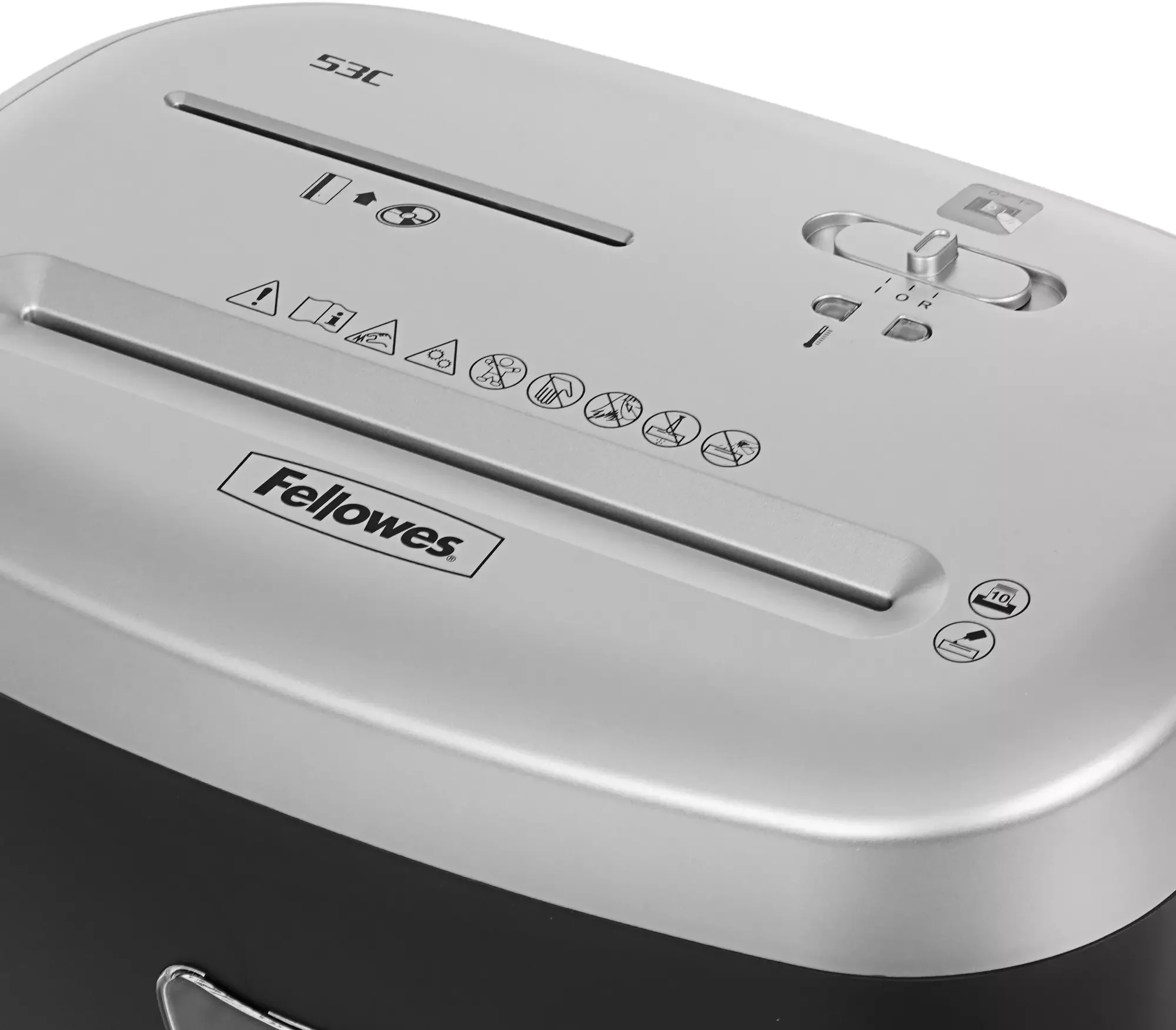 Fellowes® Шредер Powershred 53C, DIN P-4, 4х35мм, 10лст., 23лтр.,уничт.: скобы,скр., пл.карты,CD.