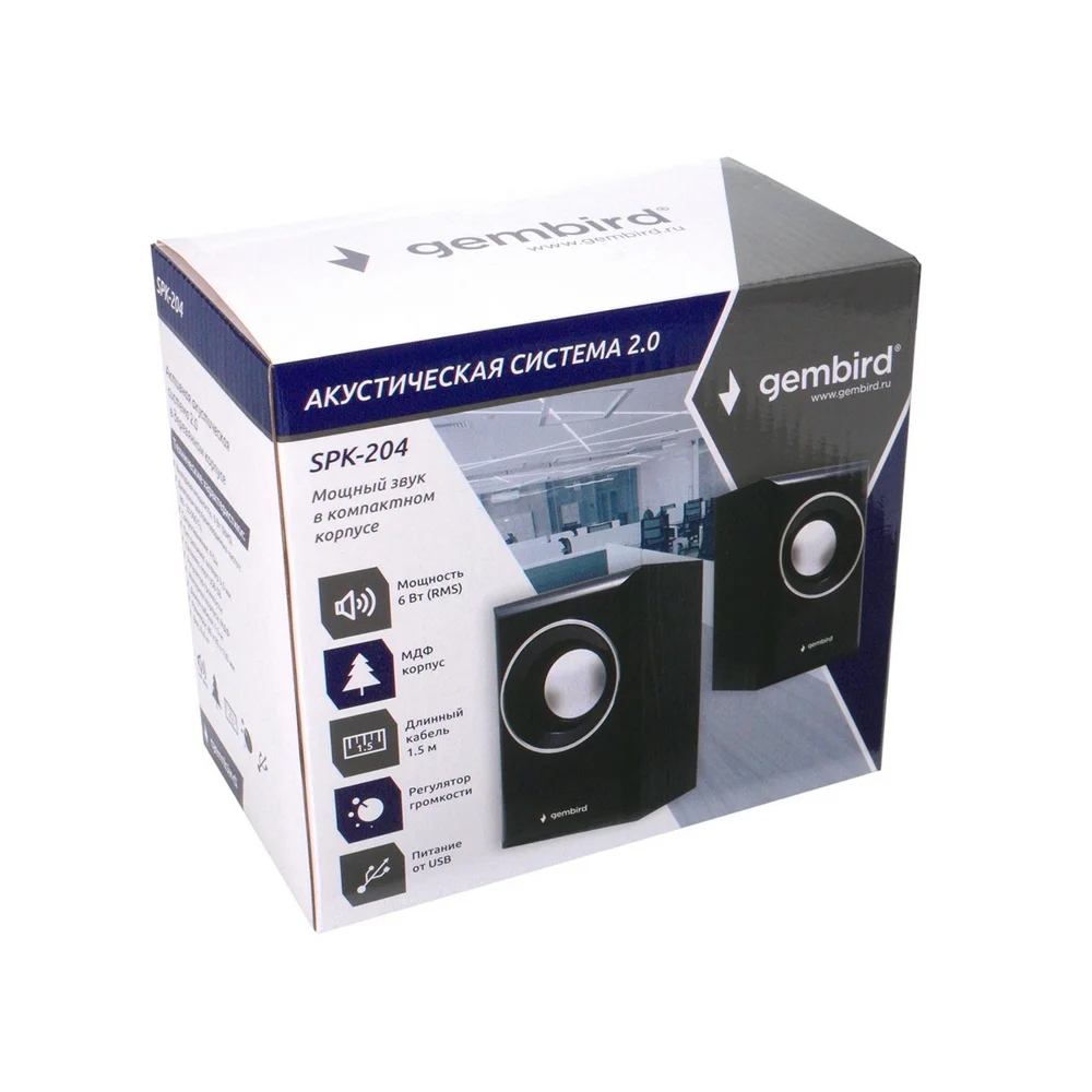 Акустическая система Gembird SPK-204, черный МДФ,2х3 Вт, регулятор громкости, USB