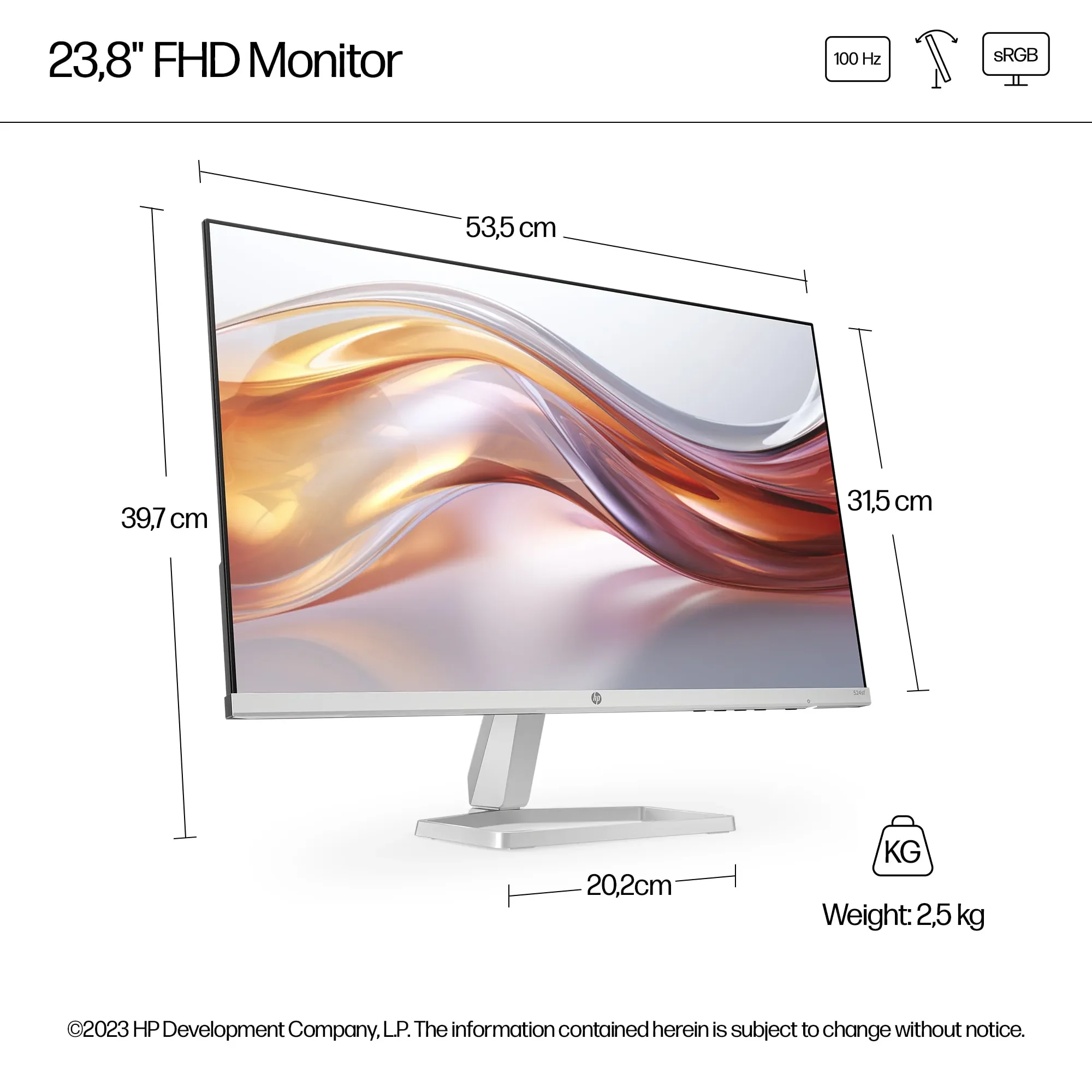 Монитор 24" HP 524sf IPS 1920x1080, 100 Гц, 5 мс, 16:9, 300 кд/м², HDMI, VGA, Flicker Free, Low Blue Light