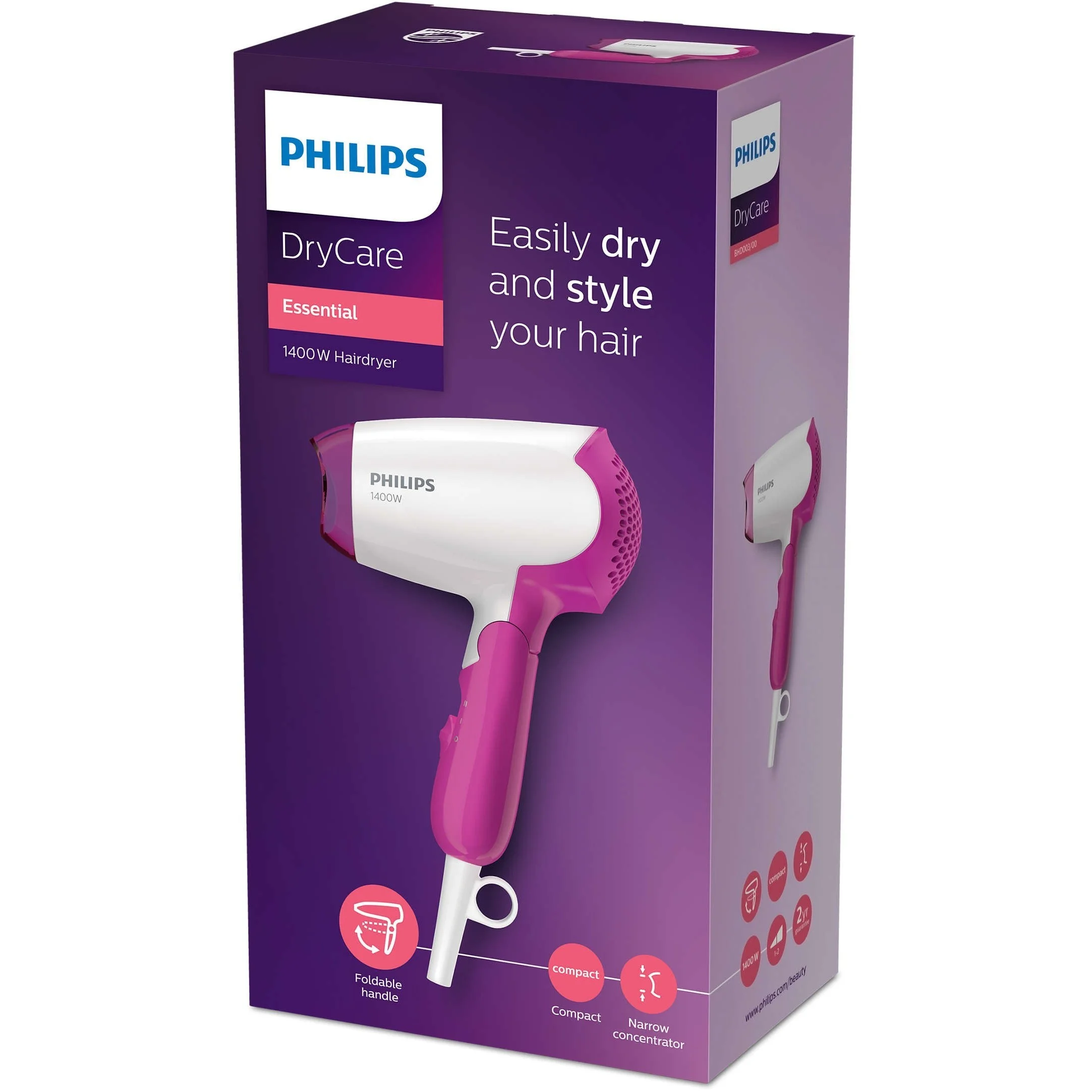 Фен Philips BHD003/00 розовый/белый, 1400 Вт, компактный