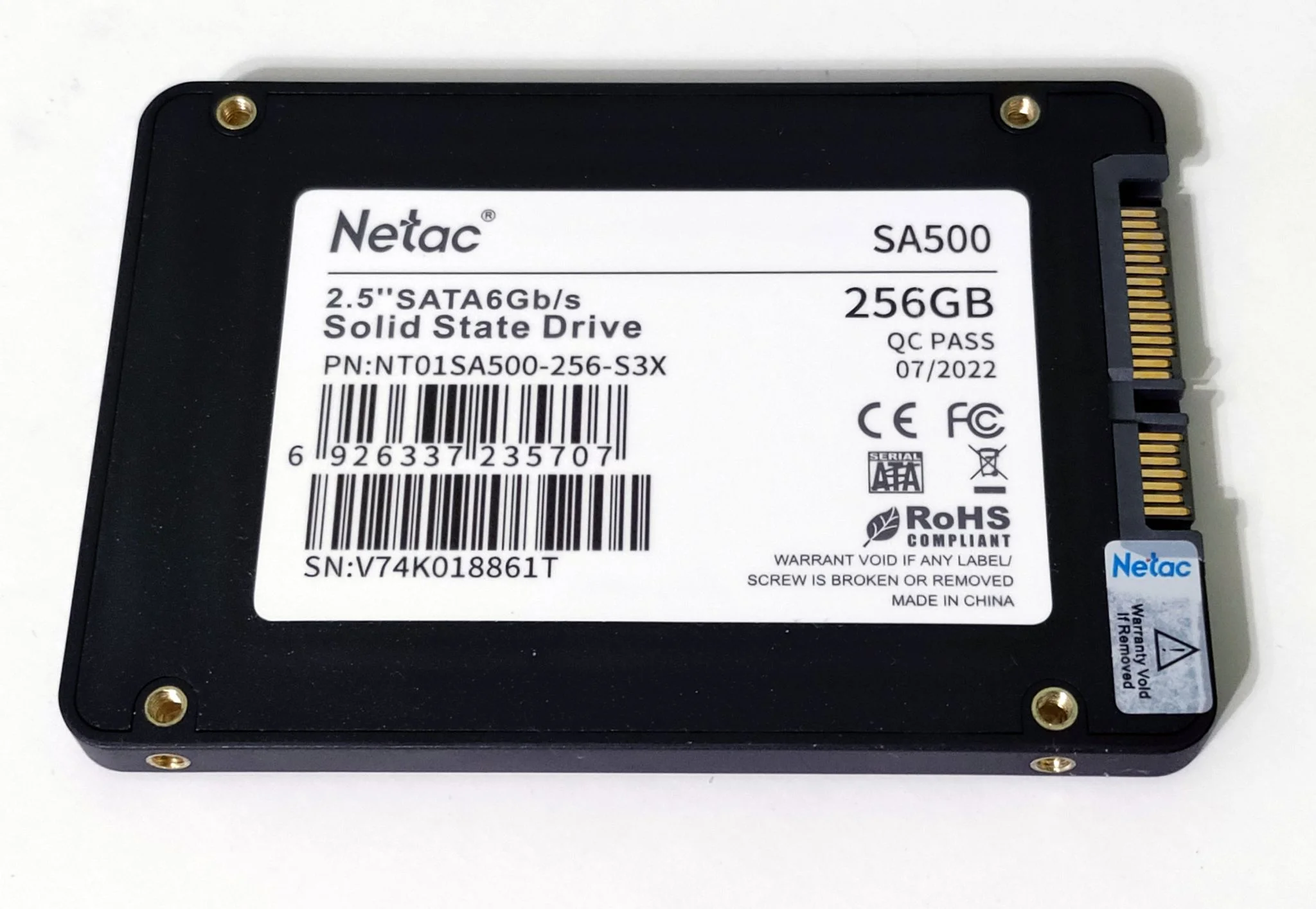 Твердотельный диск 256GB Netac SA500, 2.5", SATA III, [R/W - 520/450 MB/s] 3D-NAND