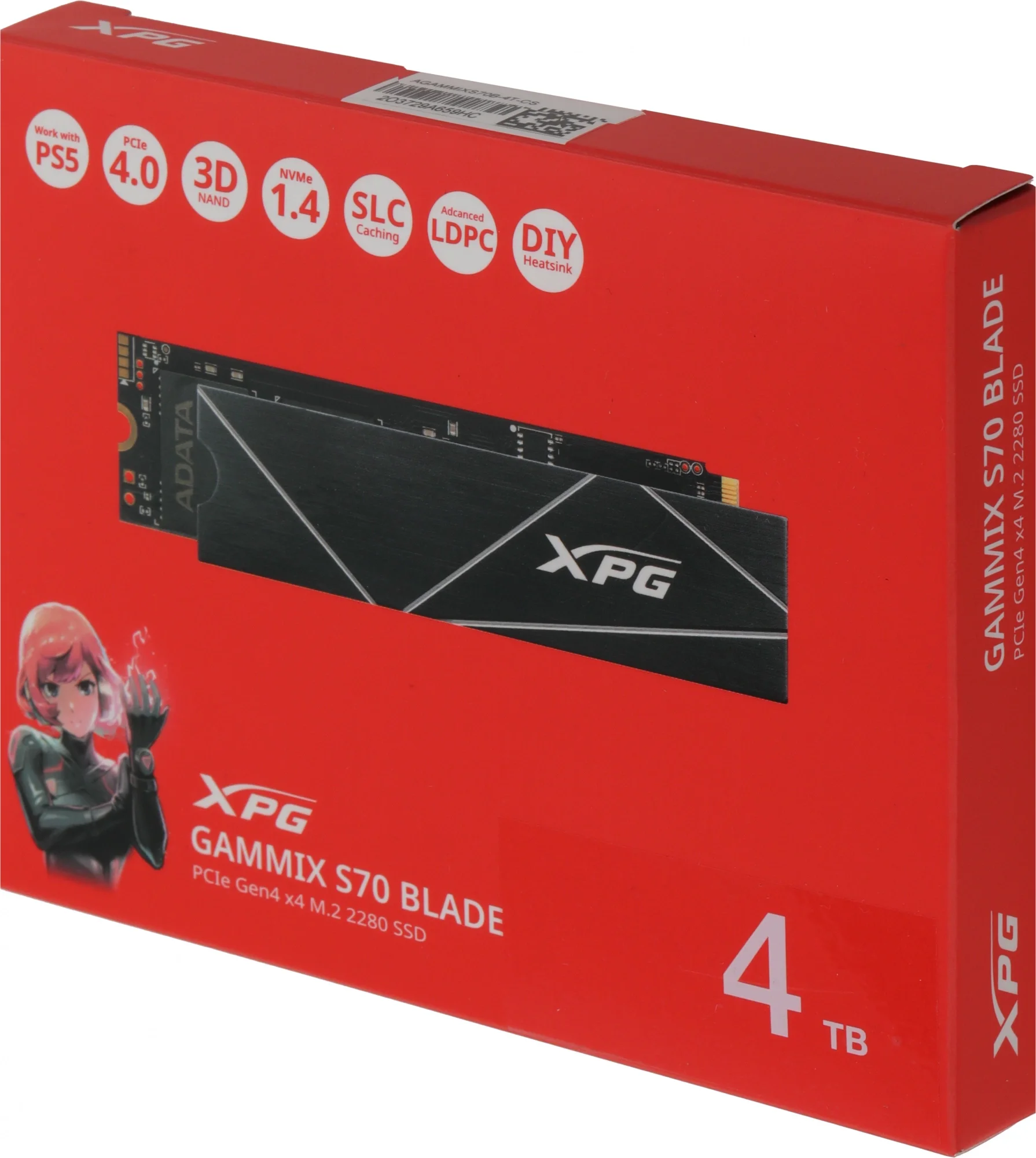 Твердотельный диск 4TB A-DATA XPG GAMMIX S70 BLADE, M.2 2280, PCI-E 4x4, [R/W - 7400/6600 MB/s] TLC (Works with PS5)