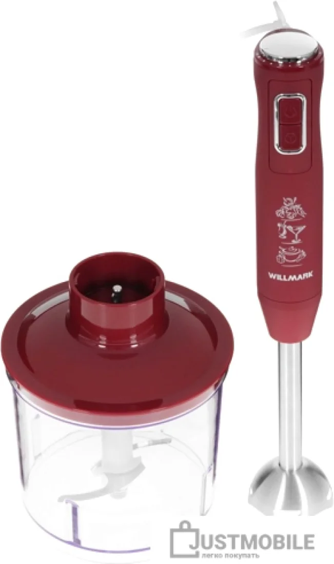 Блендер погружной Willmark WHB-1250PS (500Вт,рег.скор,турбо режим,Soft touch, измельчитель,бордовый)