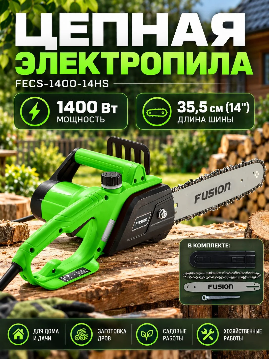Пила цепная электрическая Fusion FECS-1400-14HS, 1400Вт, 5500об/мин, медная обмотка, руч регулировка — фото 4