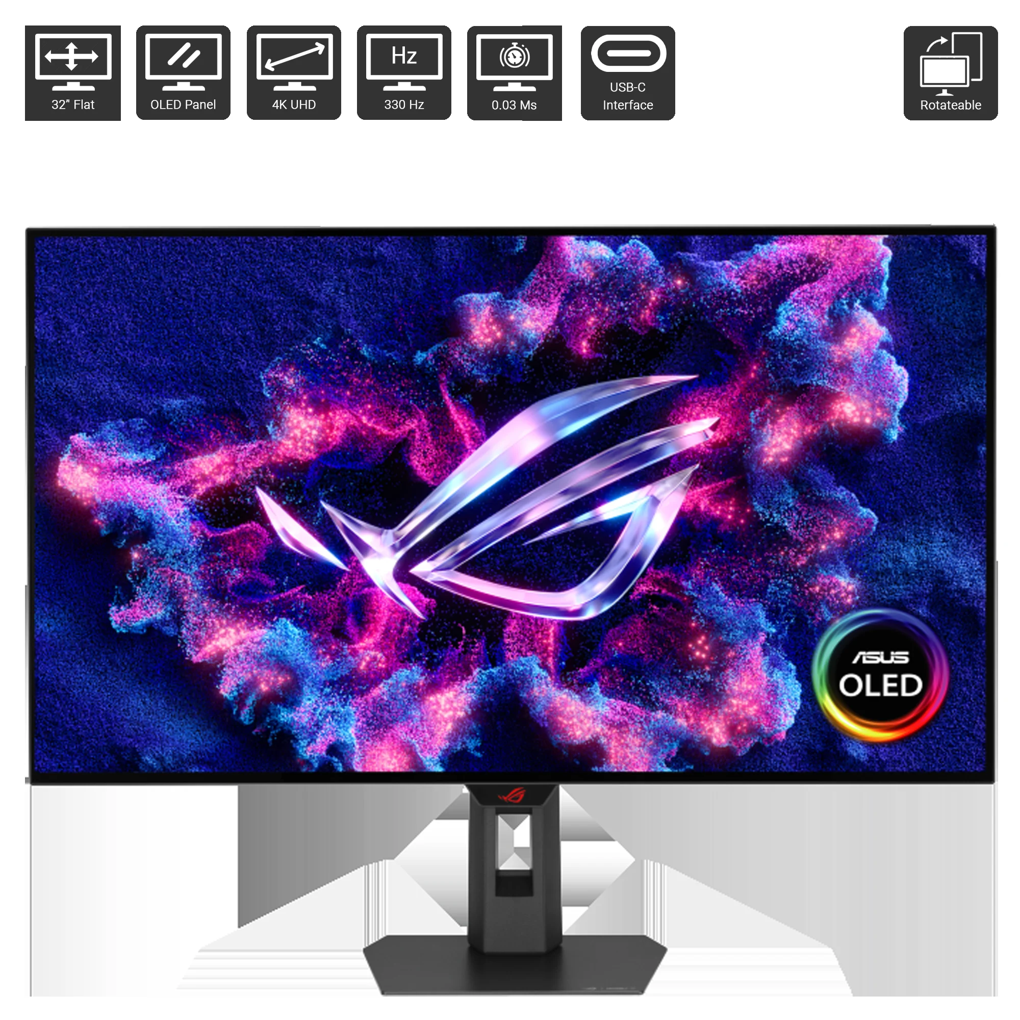 Монитор 31.5" Asus ROG Strix XG32UCDS QD-OLED 3840x2160, 165 Гц, 0.03 мс, 16:9, 1000 кд/м² (пиковая), 2×HDMI 2.1, DP 1.4, USB-C (15 Вт PD), 3.5 Jack,