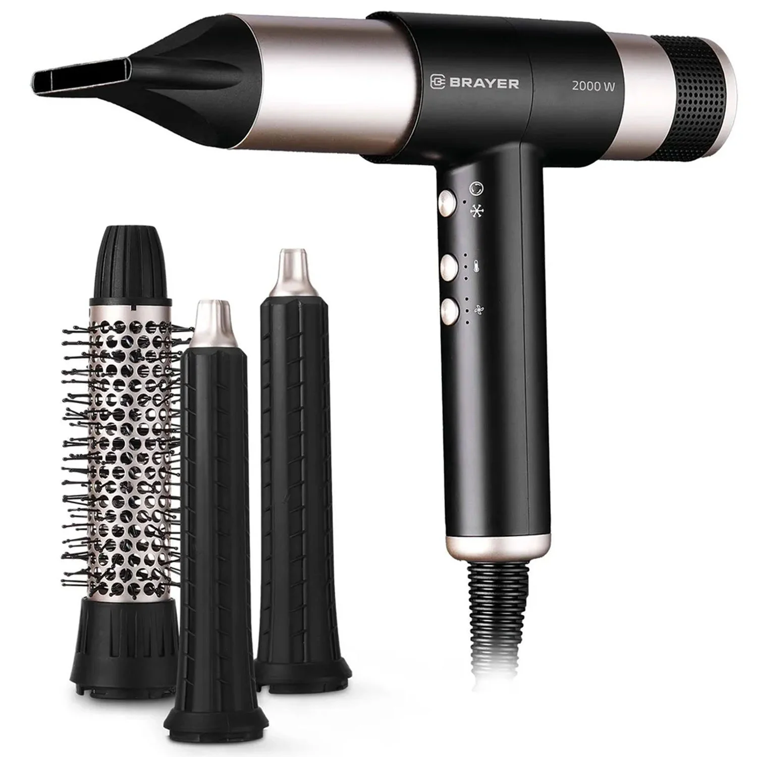 Фен-мультистайлер BRAYER BR3308 черный/золотистый, 2000 Вт, 25/32 мм