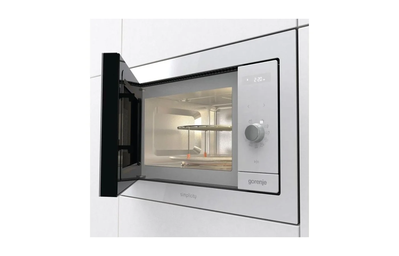 Встраиваемая микроволновая печь Gorenje, 20 л, 5 уровней мощности, 8 автопрограмм, электронное управление/утапливаемый переключатель, дисплей, гриль,
