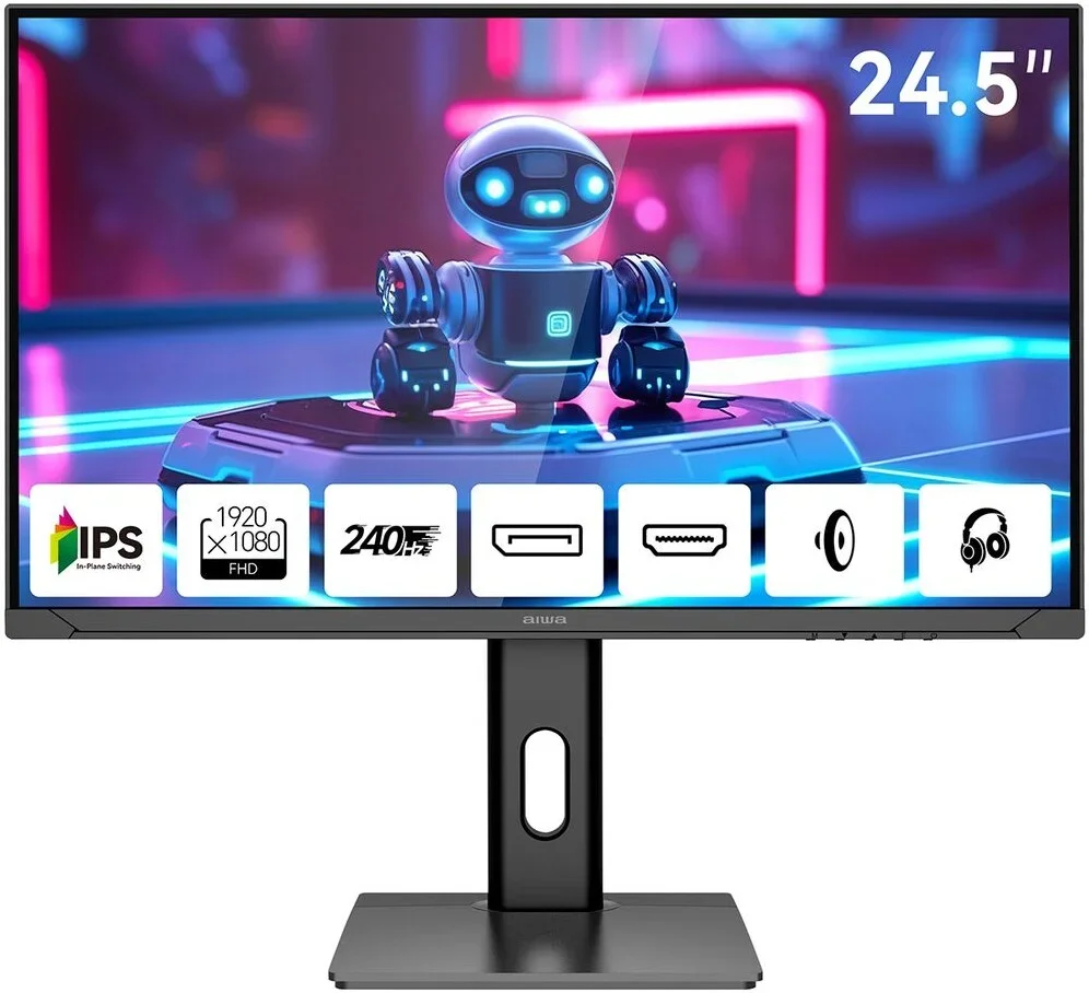Монитор 24.5" Aiwa MD2510 IPS 1920x1080, 240 Гц, 1 мс, 16:9, 350 кд/м², 2xHDMI 2.0, 2xDP 1.2, 3.5 Jack, динамики (2x3 Вт), FreeSync, G-Sync, черный