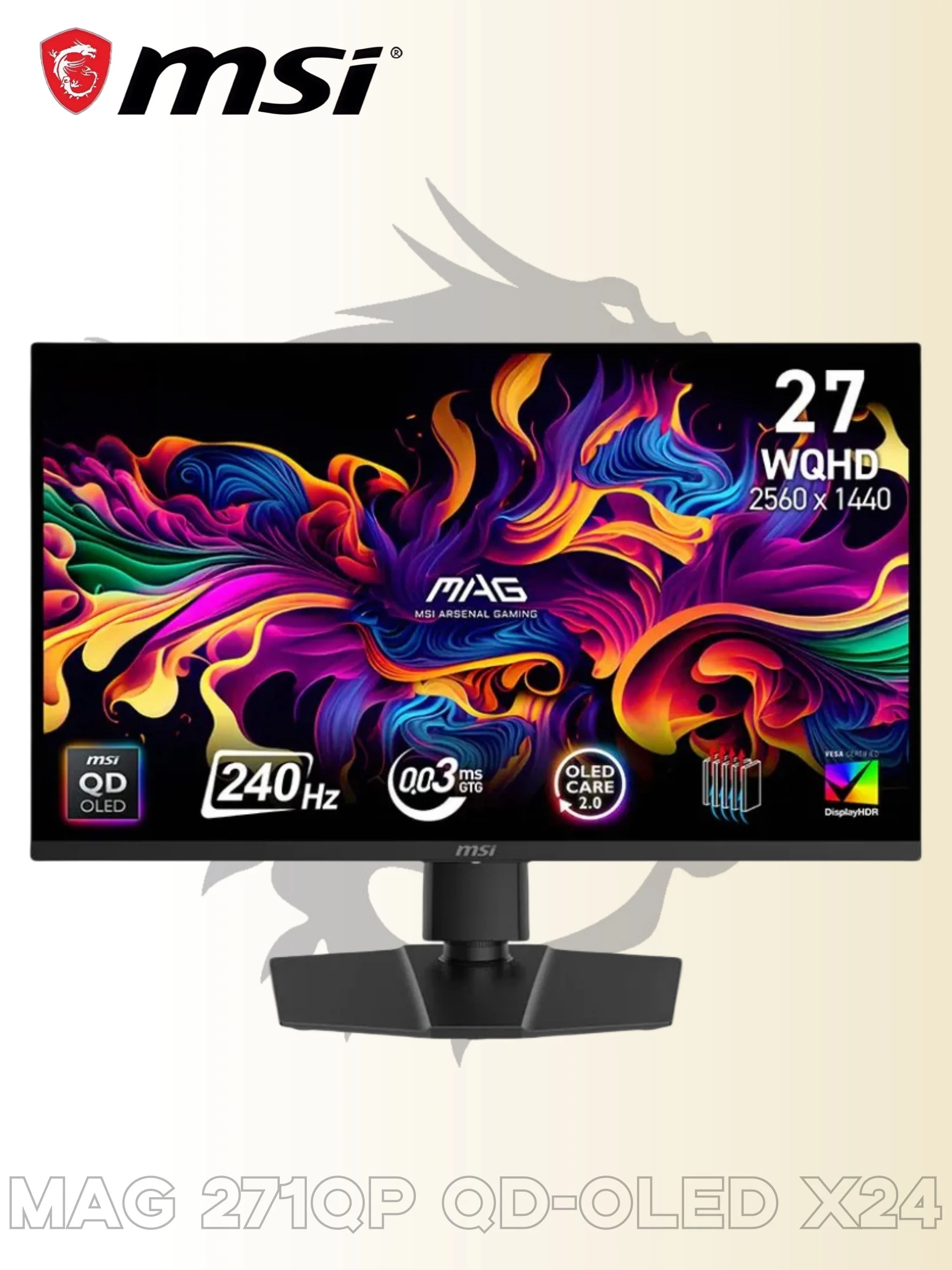 Монитор 26.5" MSI MAG 272UP QD-OLED X24 QD-OLED 3840x2160, 240 Гц, 0.03 мс, 16:9, 1000 кд/м², DP 1.4a, HDMI 2.1 x2, USB-C, 3.5 Jack, HDR10, DisplayHDR