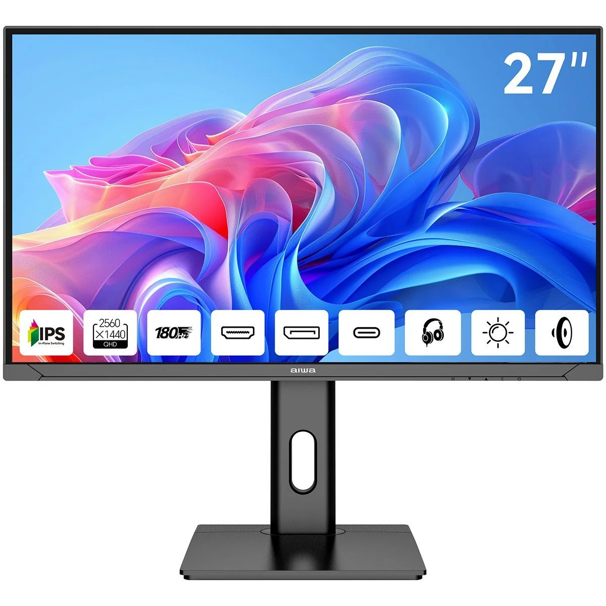 Монитор 27" Aiwa MD2714 IPS 2560x1440, 180 Гц, 1 мс, 16:9, 350 кд/м², HDMI 2.0, DP 1.4, USB-C (65 Вт), 3.5 Jack, USB Hub (2x USB), динамики (2x3 Вт),