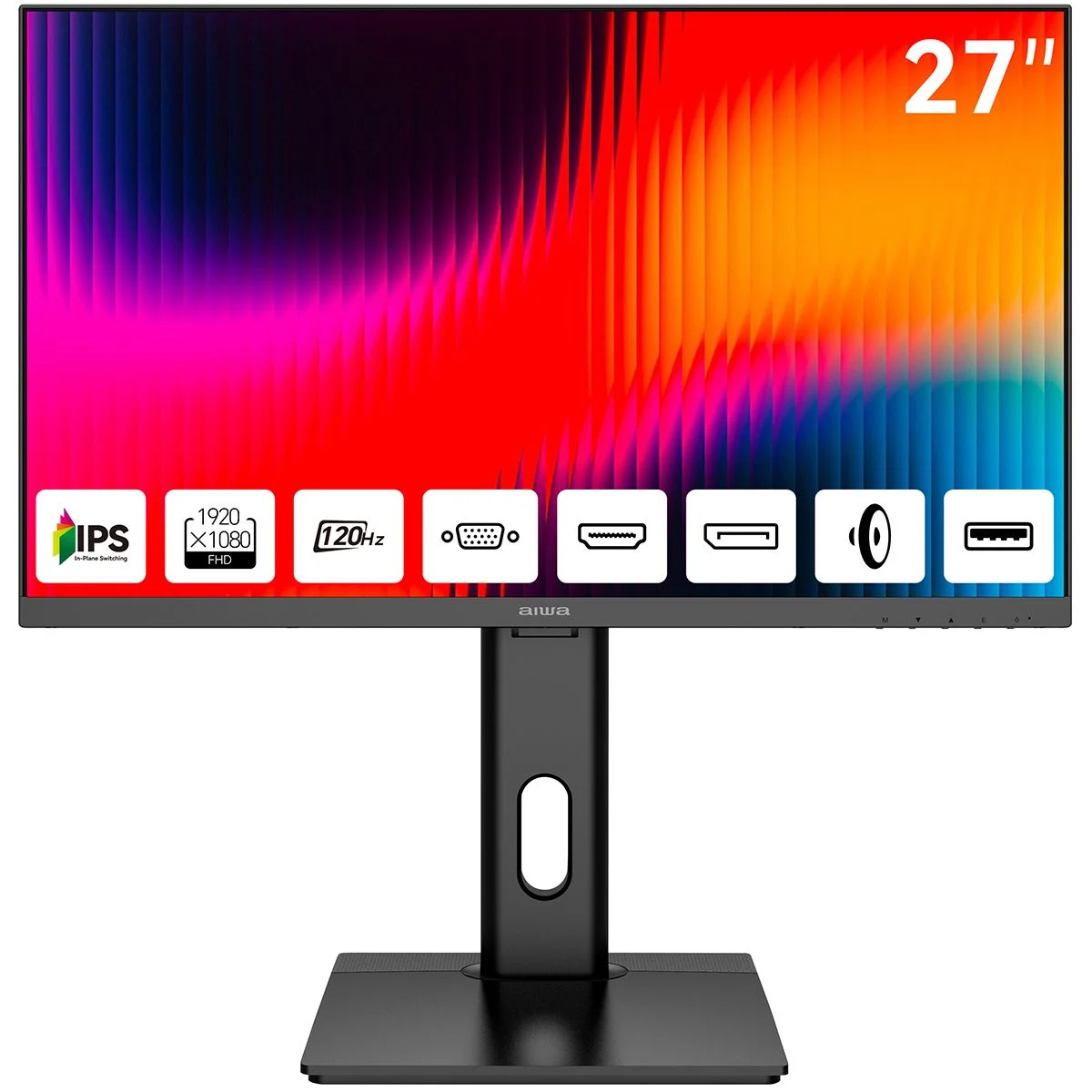 Монитор 27" Aiwa MF2711 IPS 1920x1080, 120 Гц, 4 мс, 16:9, 300 кд/м², VGA, HDMI 1.4, DP 1.2, 3.5 Jack, USB Hub (2x USB 3.0), динамики (2x3 Вт), FreeSy