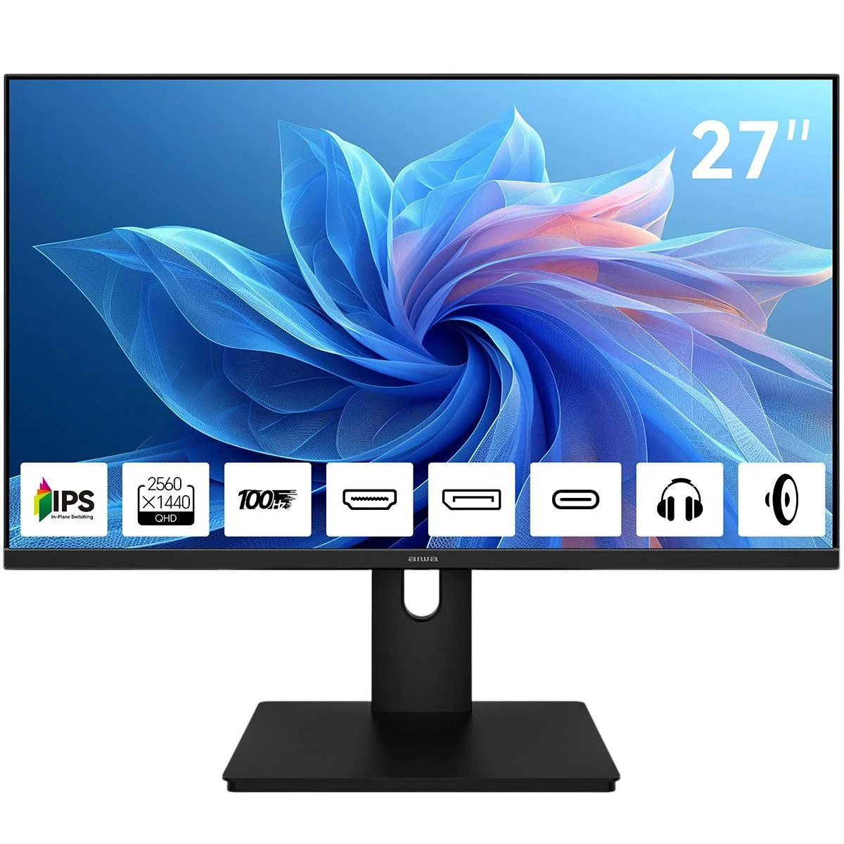 Монитор 27" Aiwa MQ271A IPS 2560x1440, 100 Гц, 4 мс, 16:9, 300 кд/м², HDMI 2.0, DP 1.2, USB-C (15 Вт), 3.5 Jack, динамики (2x3 Вт), FreeSync, G-Sync,
