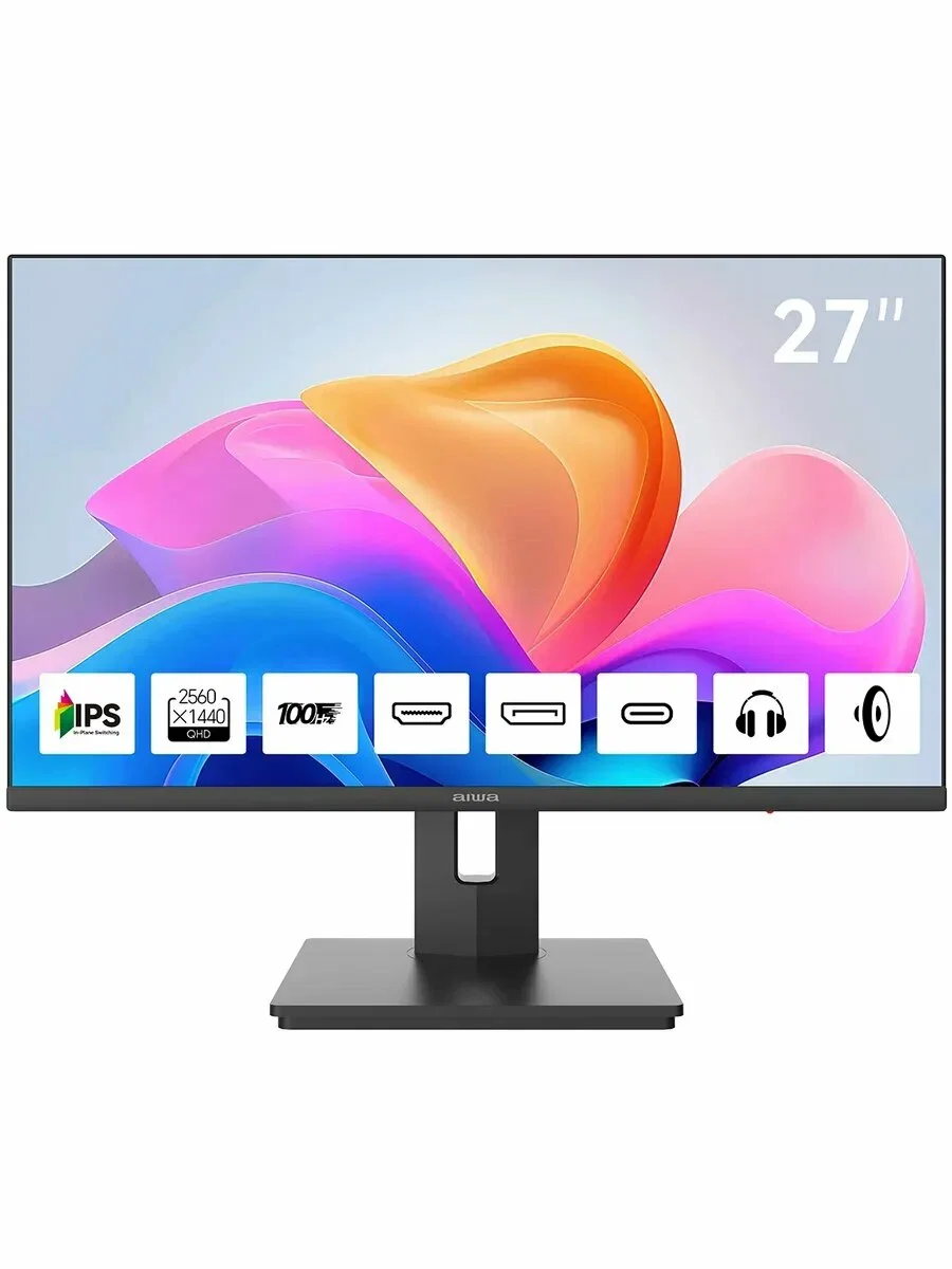 Монитор 27" Aiwa MQ274A IPS 2560x1440, 100 Гц, 4 мс, 16:9, 300 кд/м², HDMI 2.0, DP 1.2, USB-C (15 Вт), 3.5 Jack, динамики (2x3 Вт), FreeSync, G-Sync,