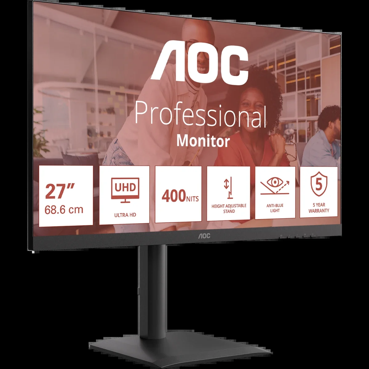 Монитор 27" AOC U27E4CV IPS 3840x2160, 60 Гц, 4 мс, 16:9, 400 кд/м², 2xHDMI 2.0, DP 1.4, DP Out, USB-C (90 Вт), USB Hub (4x USB 3.2), RJ45, 3.5 Jack,