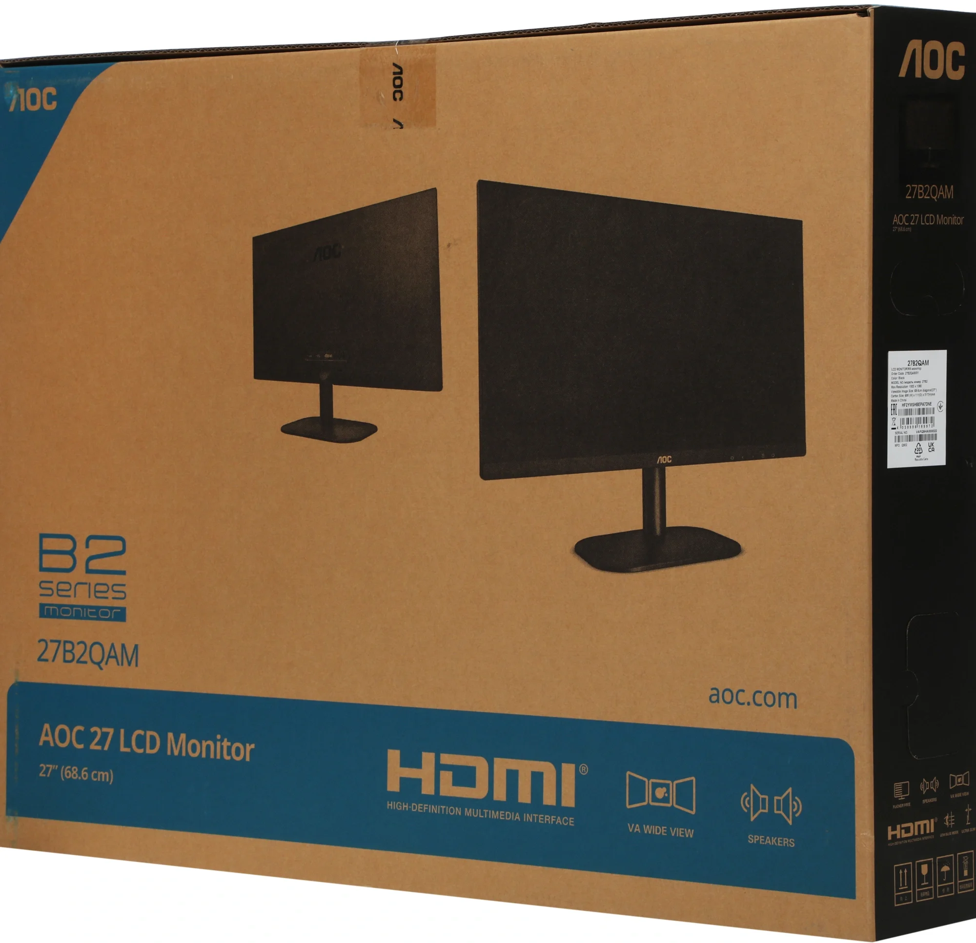 Монитор 27" AOC Value Line 27B2QAM VA 1920x1080, 75 Гц, 4 мс, 16:9, 250 кд/м², 1xHDMI, 1хDP, 1x3.5 мм, черный