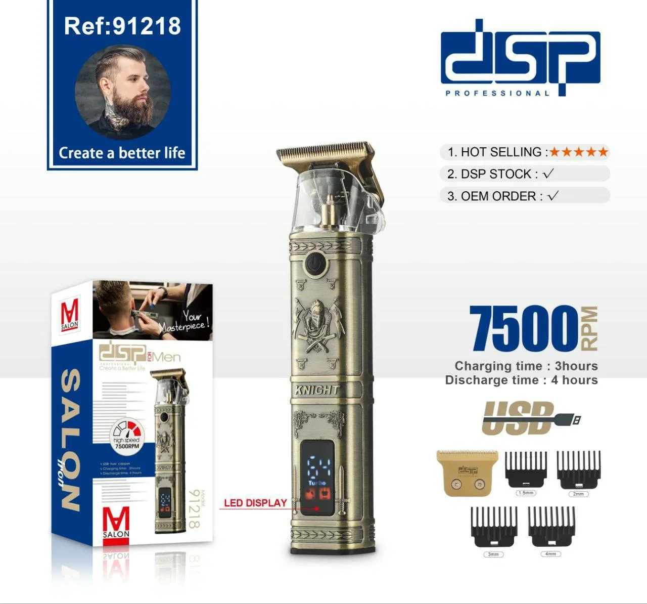 Машинка для стрижки DSP 91218. акб 5W 1200mAh дисплей 7500 об/мин Type-C, 4 насадки нерж.