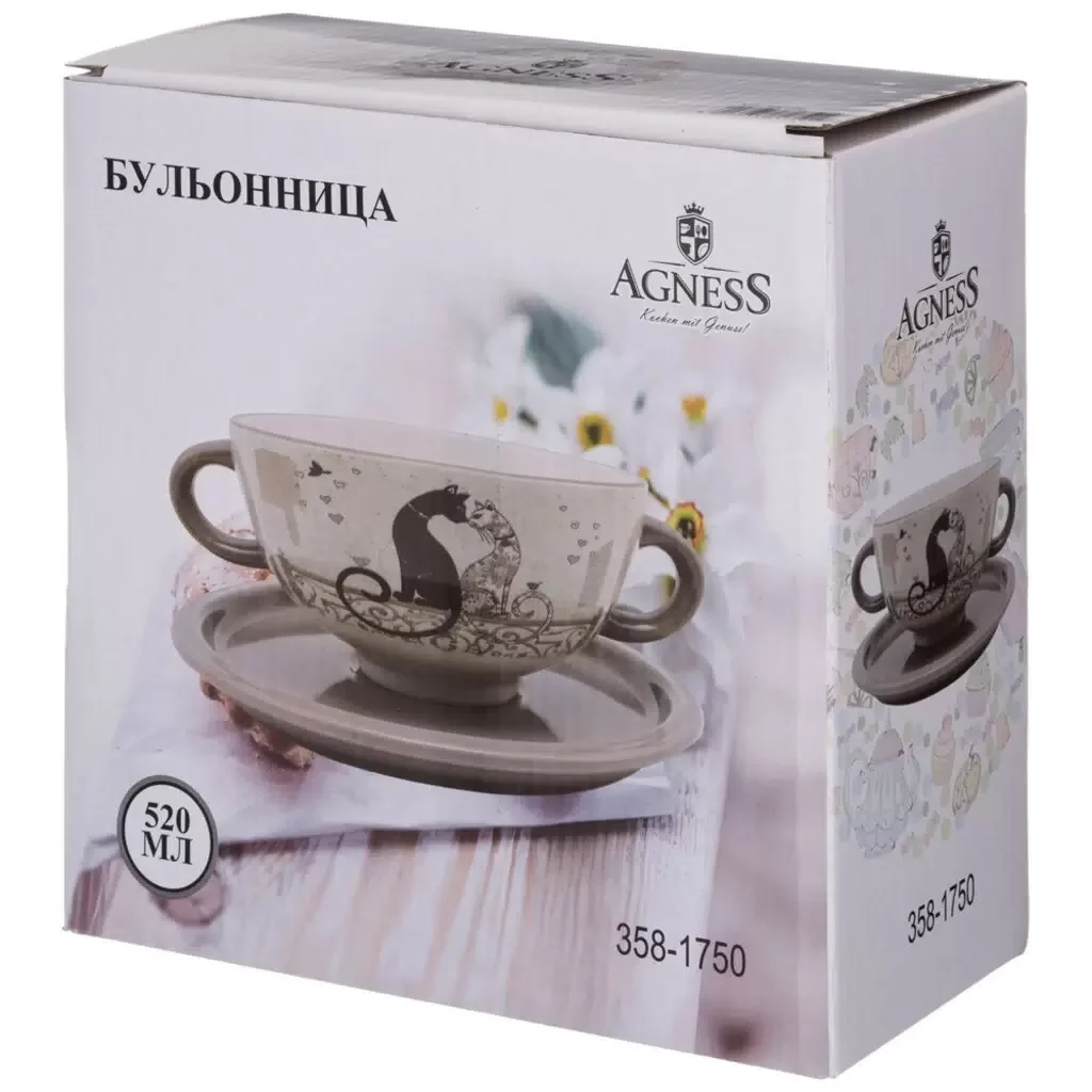 БУЛЬОННИЦА С БЛЮДЦЕМ AGNESS "ПАРИЖСКИЕ КОТЫ" 19*14*7 СМ 550 МЛ (КОР=18ШТ.)
