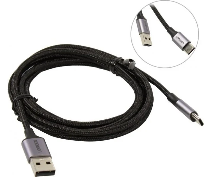 Кабель для цифровой техники и смартфонов Ugreen USB A 2.0 - USB C, никелированная алюминиевая оплетка, 2 м (60128)