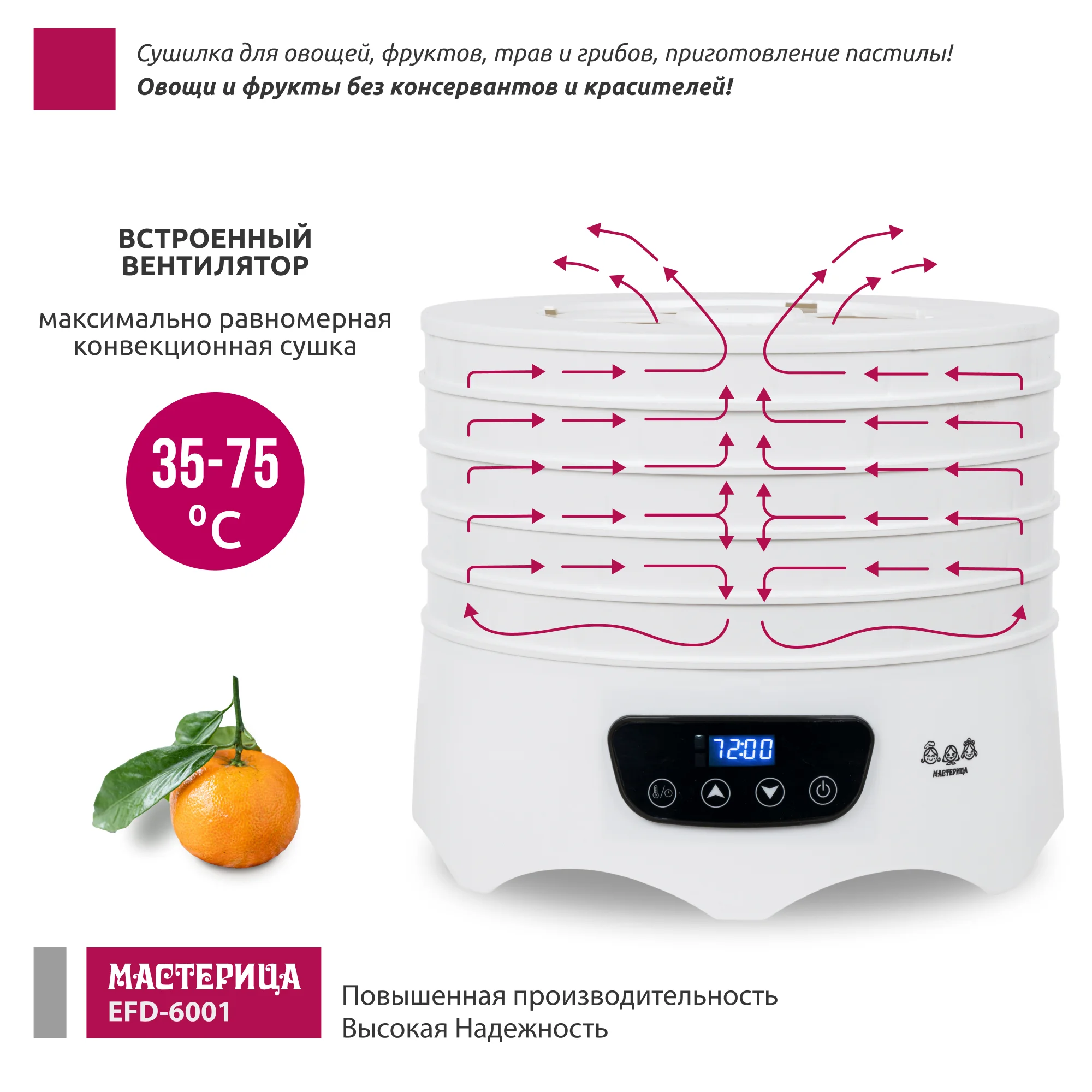 Сушилка для овощей и фруктов Мастерица EFD-6001 белая, электронное управление, 5 белых поддонов + 2 поддона д/пастилы 300 Вт, D 31.6 см