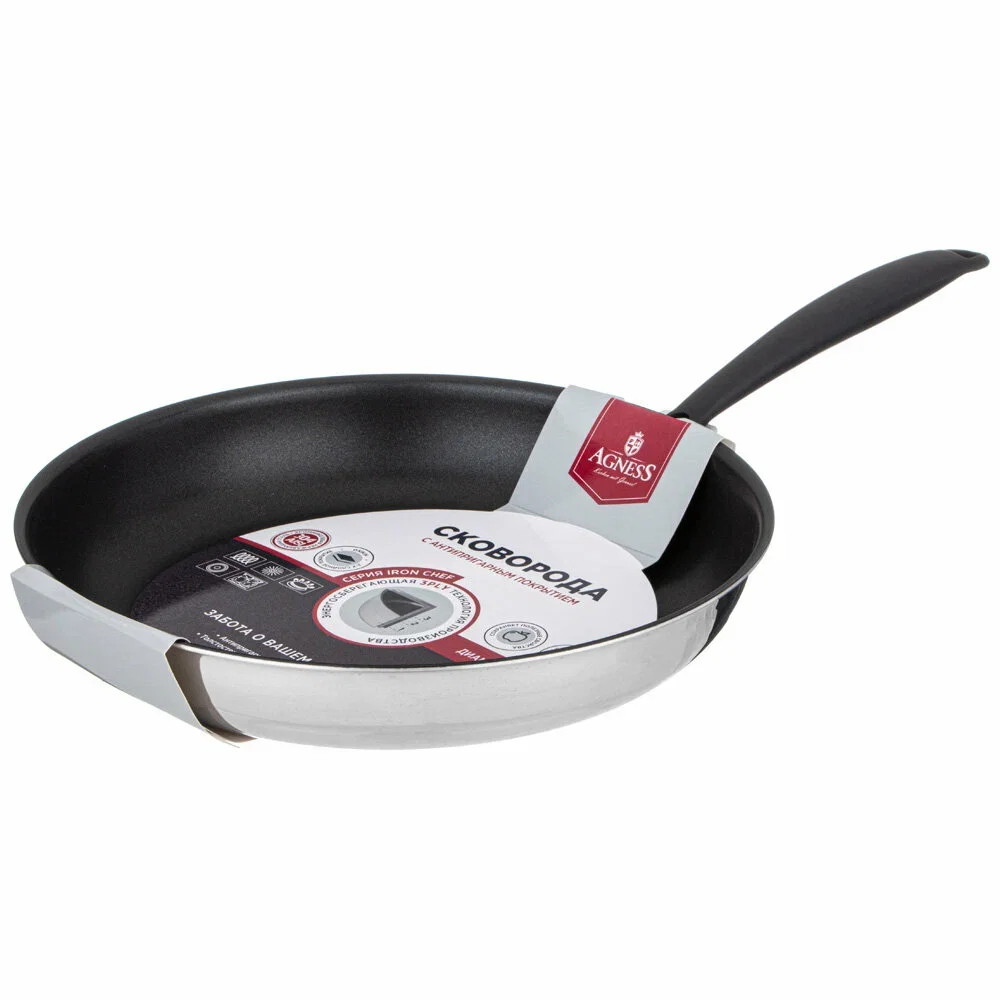 СКОВОРОДА C АНТИПРИГАРНЫМ ПОКРЫТИЕМ "IRON CHEF" AGNESS 26*5.0CM ТЕХНОЛОГИЯ 3-PLY, НЕРЖ.СТАЛЬ 18/10