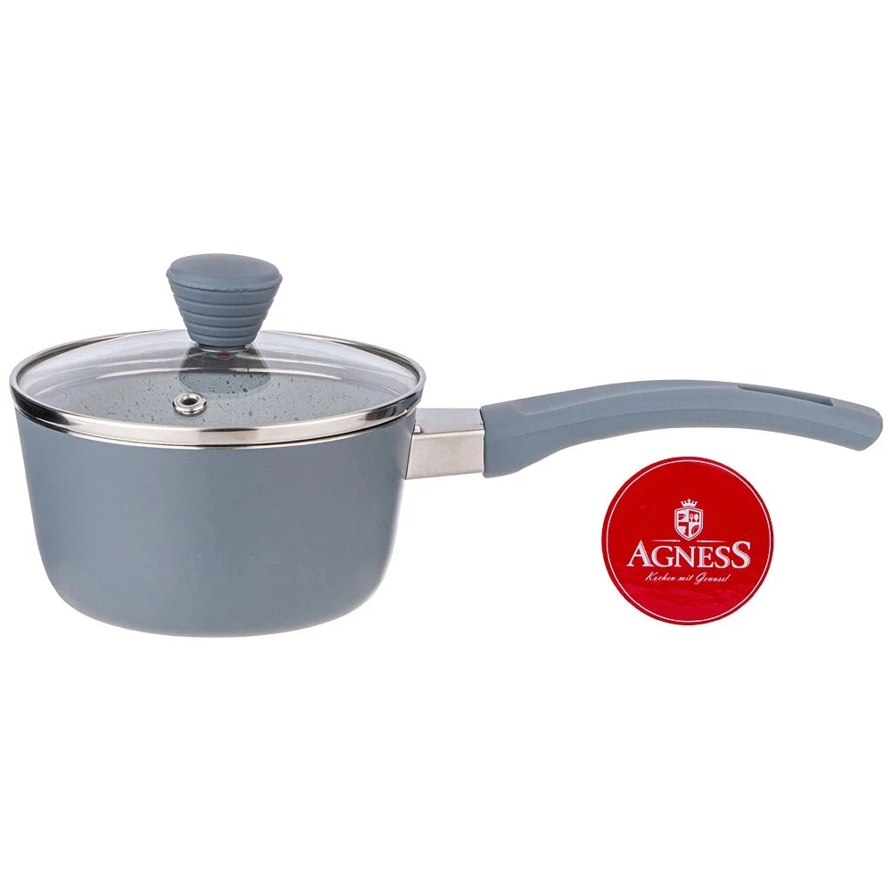 КОВШИК AGNESS АНТИП. ПОКР. РУЧКА SOFT TOUCH И СТЕКЛ. КРЫШКОЙ 600 МЛ 12*6 СМ