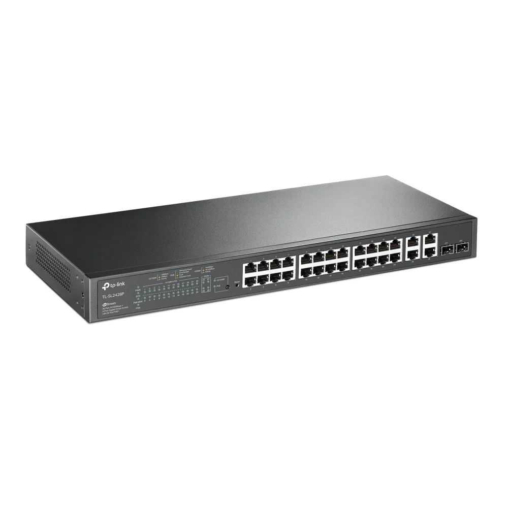 Коммутатор сетевой JetStream 24-port 10/100Mbps + 4-port Gigabit L2 Smart Switch with 24-port PoE+, PoE budget up to 250W, support PoE power managemen