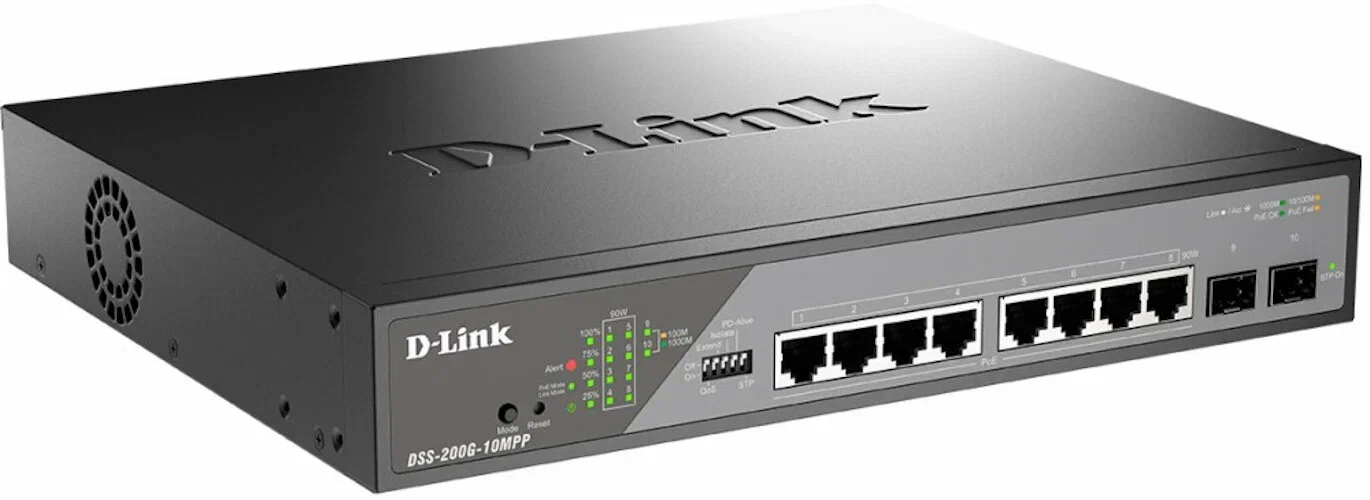 Коммутатор сетевой Smart L2 Surveillance Switch 8х1000Base-T PoE, 2x1000Base-X SFP, PoE Budget 130W, Long-range PoE up to 250m
