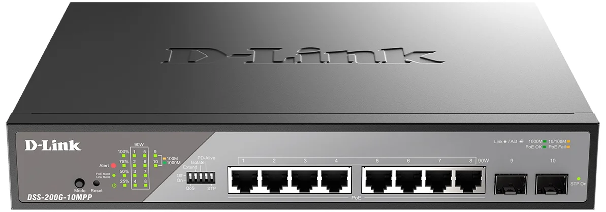 Коммутатор сетевой Smart L2 Surveillance Switch 8х1000Base-T PoE, 2x1000Base-X SFP, PoE Budget 130W, Long-range PoE up to 250m