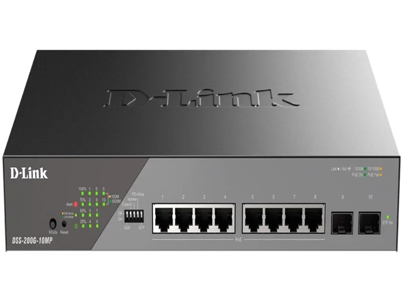 Коммутатор сетевой Smart L2 Surveillance Switch 8х1000Base-T PoE, 2x1000Base-X SFP, PoE Budget 130W, Long-range PoE up to 250m