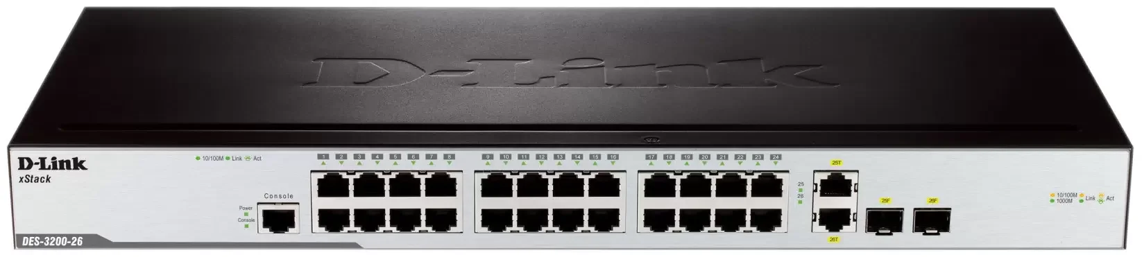 Коммутатор управляемый 2 уровня D-Link DES-3200-28/C1A с 24 портами 10/100BASE-T + 2 комбо-портами 1000Base-T/SFP