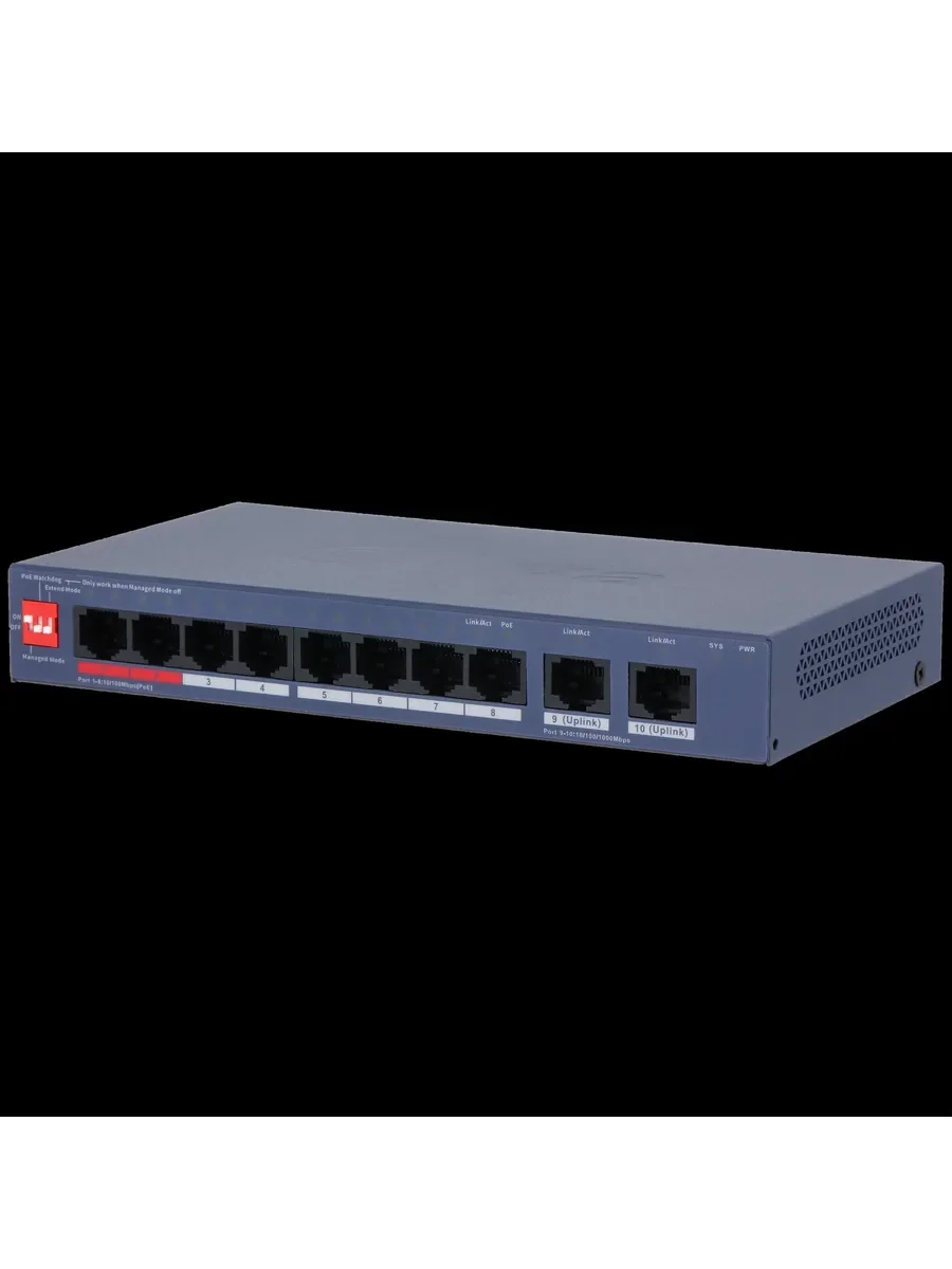 Коммутатор управляемый Dahua DH-CS4010-8ET2GT-110 8-портовый PoE 8 RJ45 10/100 Мбит/с (PoE/PoE+/Hi-PoE/IEEE 802.3bt), 2 RJ45 10/100/1000 Мбит/с (uplin