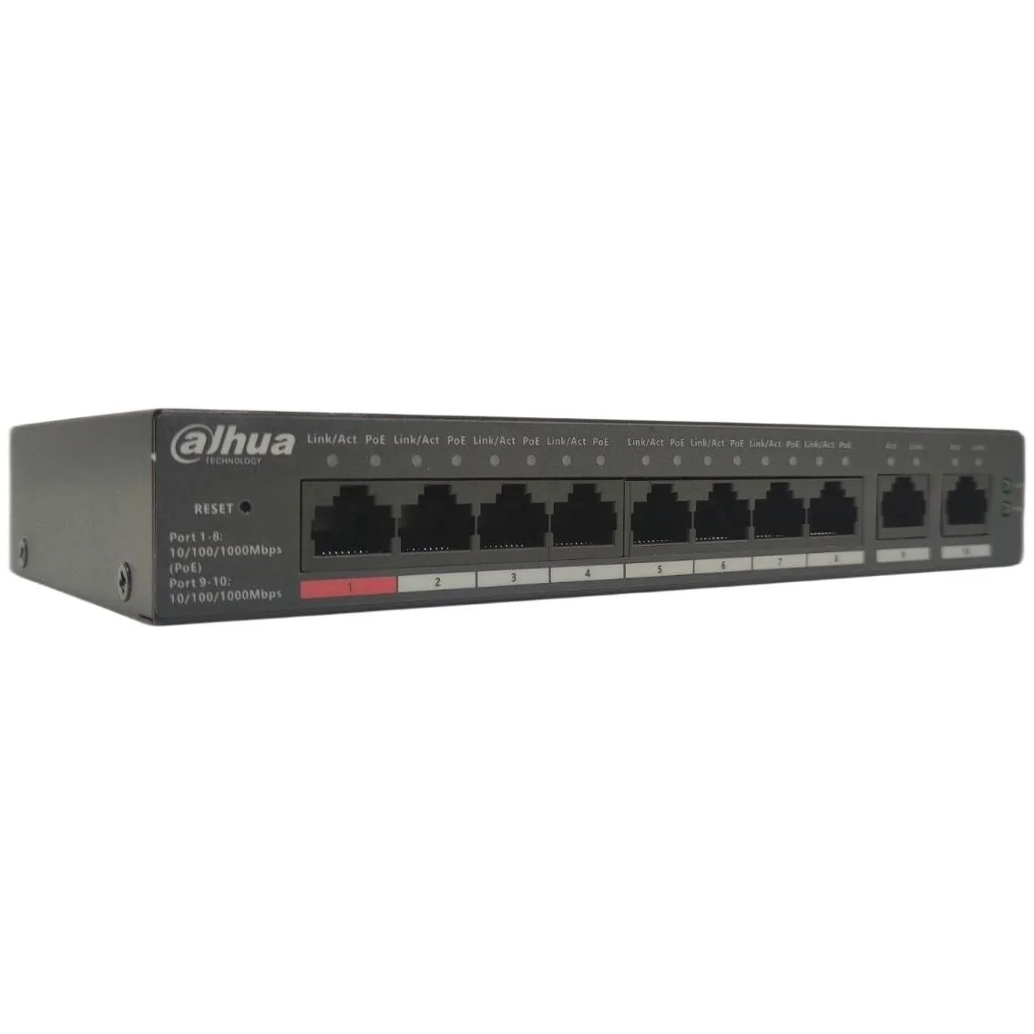 Коммутатор управляемый Dahua DH-CS4010-8ET2GT-110 8-портовый PoE 8 RJ45 10/100 Мбит/с (PoE/PoE+/Hi-PoE/IEEE 802.3bt), 2 RJ45 10/100/1000 Мбит/с (uplin