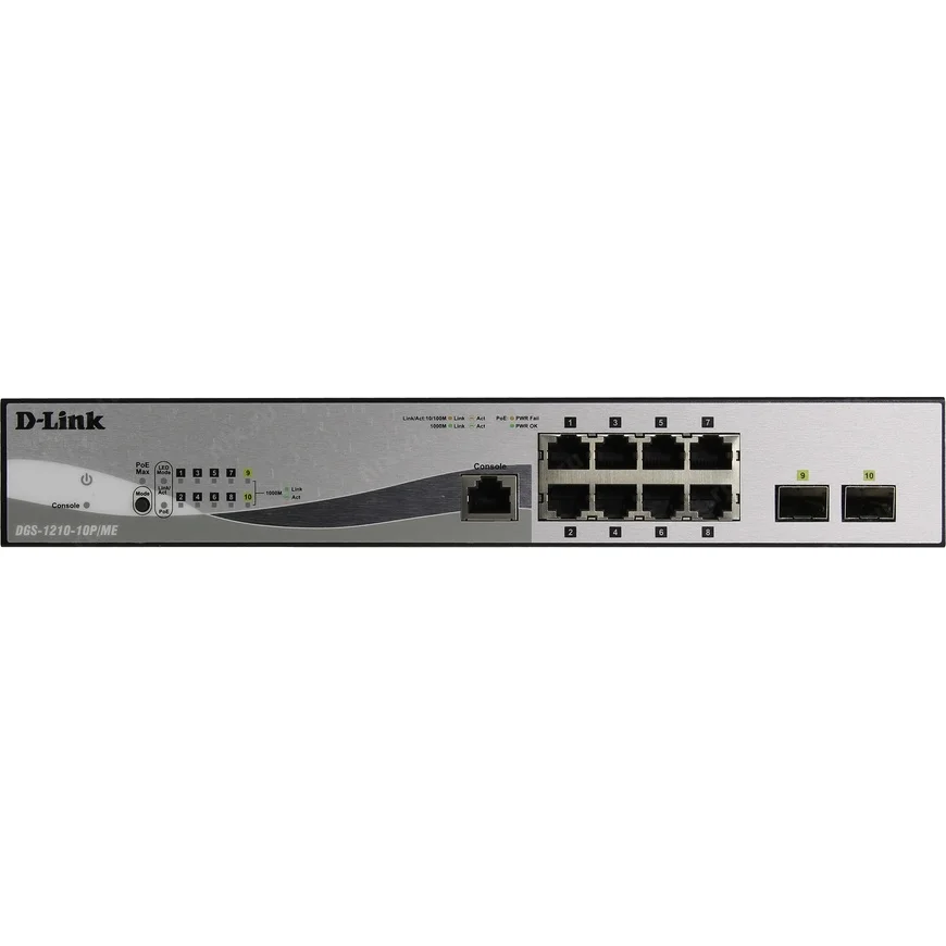 Коммутатор управляемый D-Link DGS-1210-10P/ME 2 уровня с 8 портами 10/100/1000Base-T с поддержкой PoE и 2 портами 1000Base-X SFP