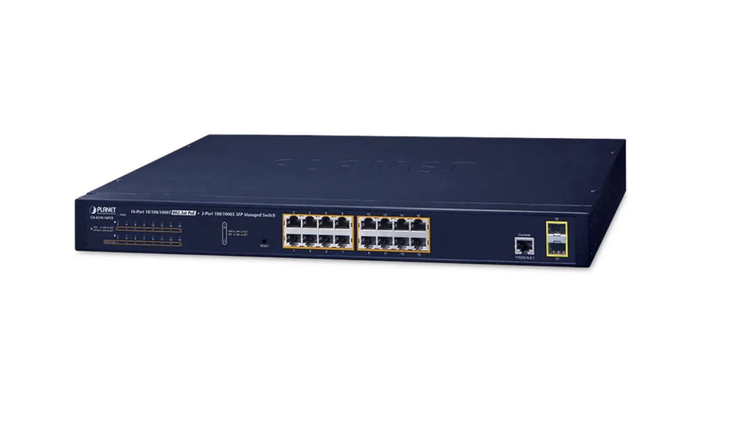 Коммутатор управляемый GS-4210-16P2S IPv6/IPv4, 16-Port Managed 802.3at POE+ Gigabit Ethernet Switch + 2-Port 100/1000X SFP (220W)